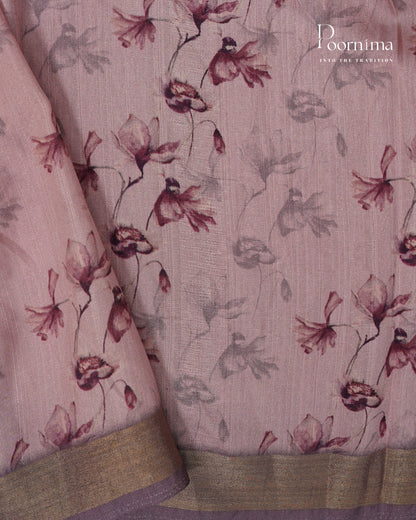 PINK - LINEN SAREE WITH ALLOVER DIGITAL PRINT AND ZARI BORDER