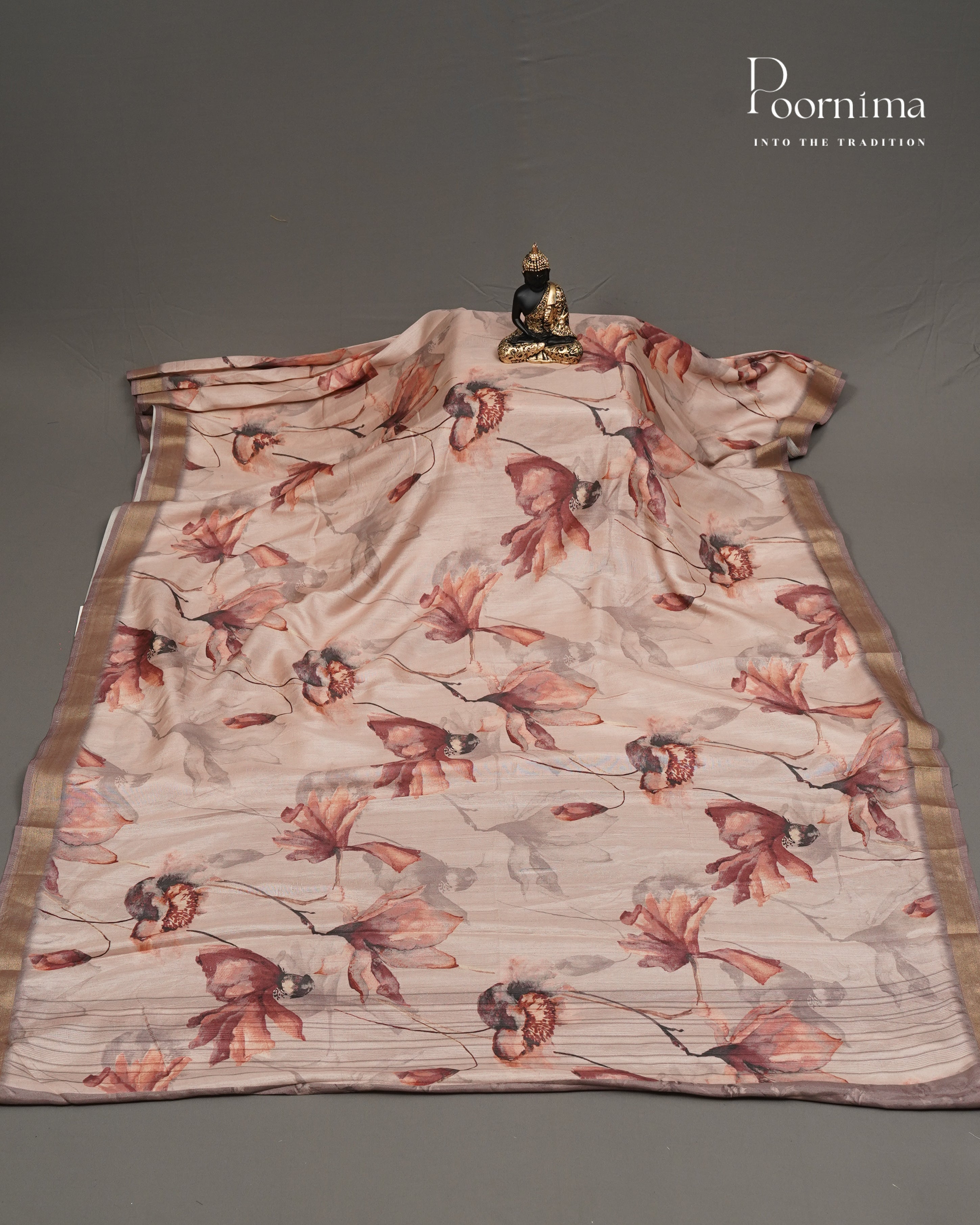 BEIGE -  LINEN SAREE WITH ALLOVER DIGITAL PRINT AND ZARI BORDER