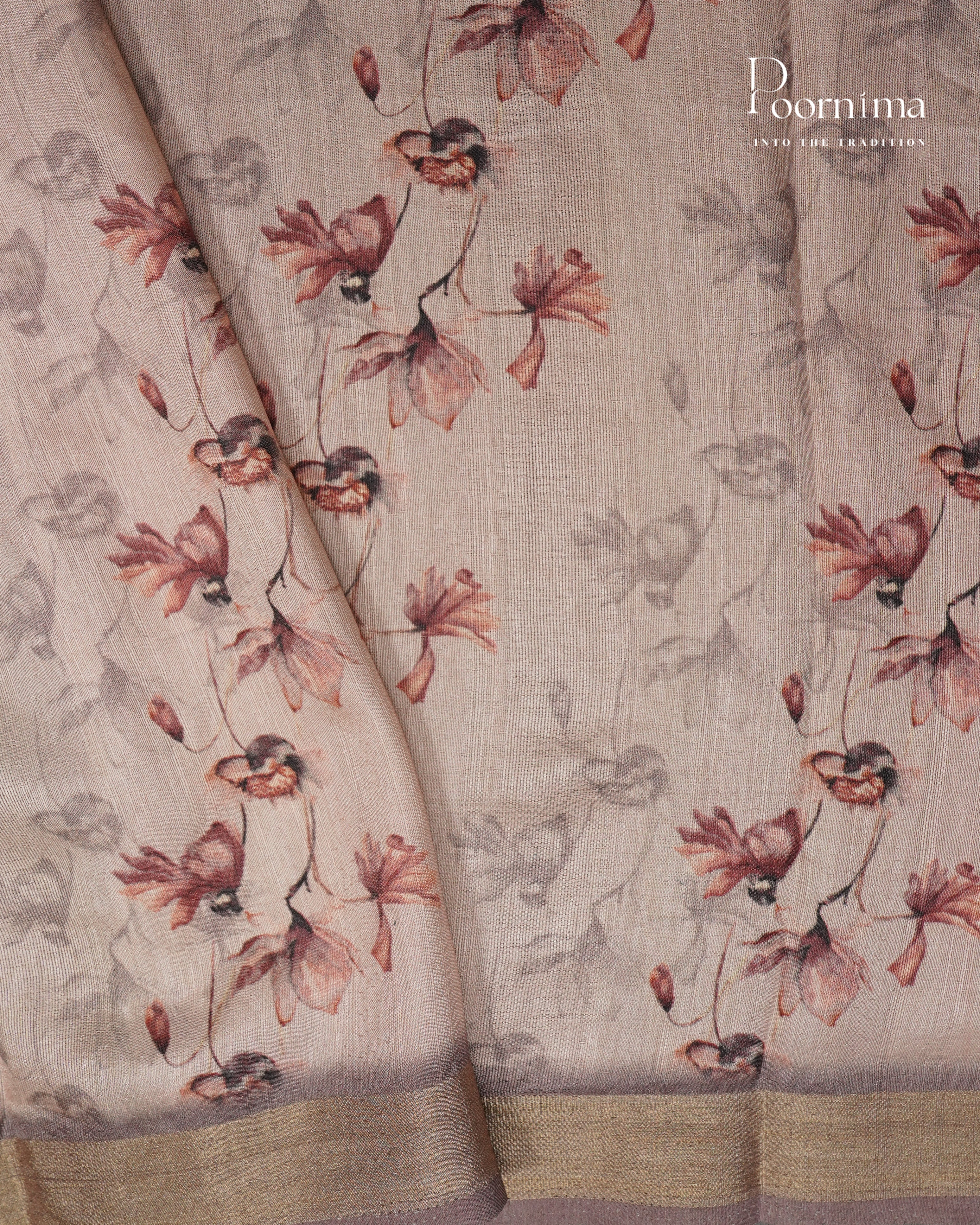 BEIGE -  LINEN SAREE WITH ALLOVER DIGITAL PRINT AND ZARI BORDER