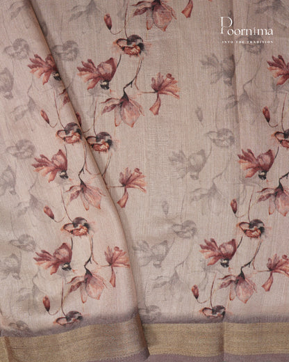 BEIGE -  LINEN SAREE WITH ALLOVER DIGITAL PRINT AND ZARI BORDER