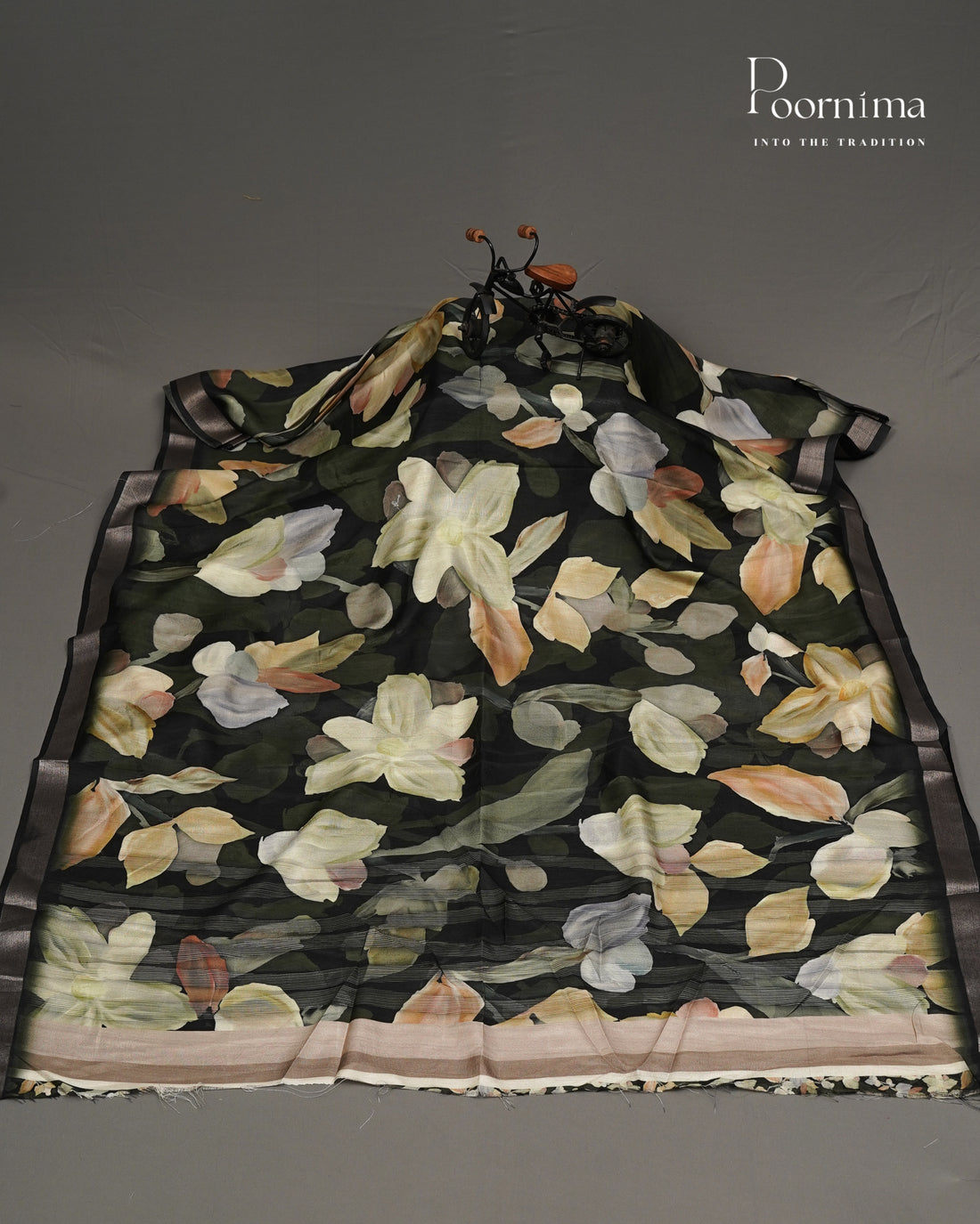 GREEN -  LINEN SAREE WITH ALLOVER DIGITAL PRINT AND ZARI BORDER