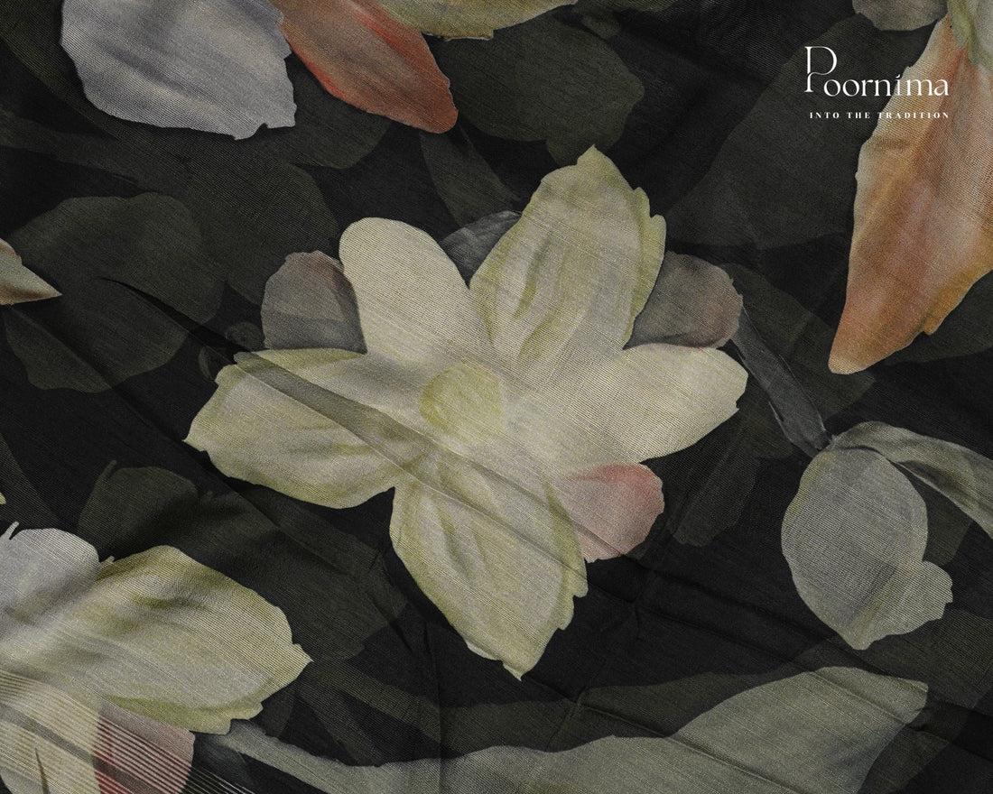 GREEN -  LINEN SAREE WITH ALLOVER DIGITAL PRINT AND ZARI BORDER