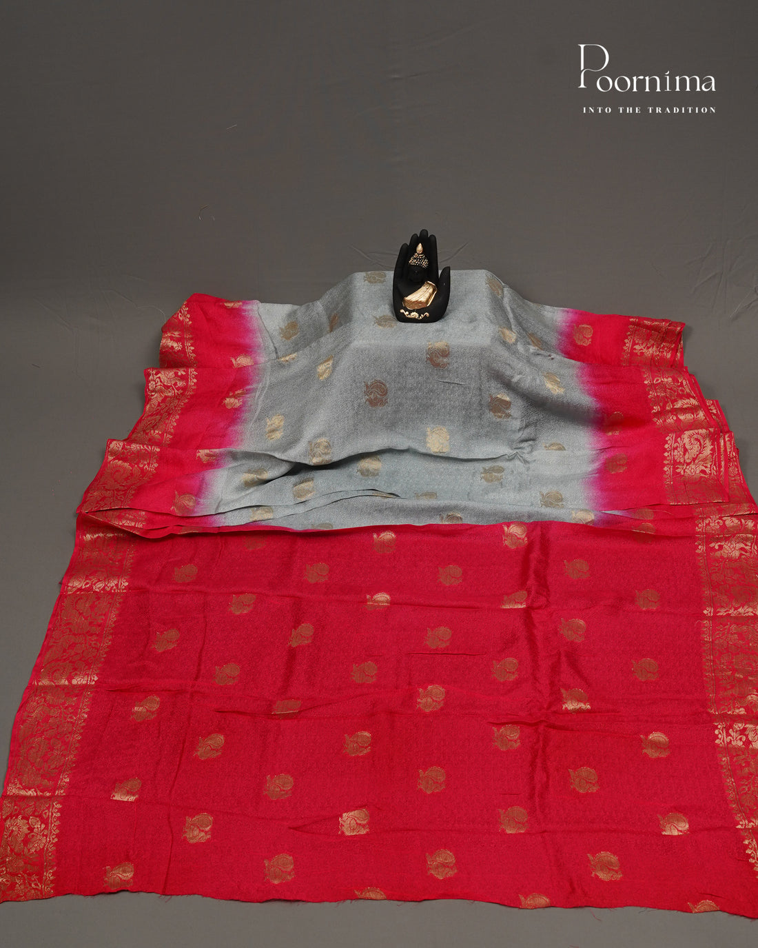 VISCOSE GEORGETTE SAREE INGREY & RED WITH ALLOVER  GOLD ZARI BUTTI AND ZARI BODER