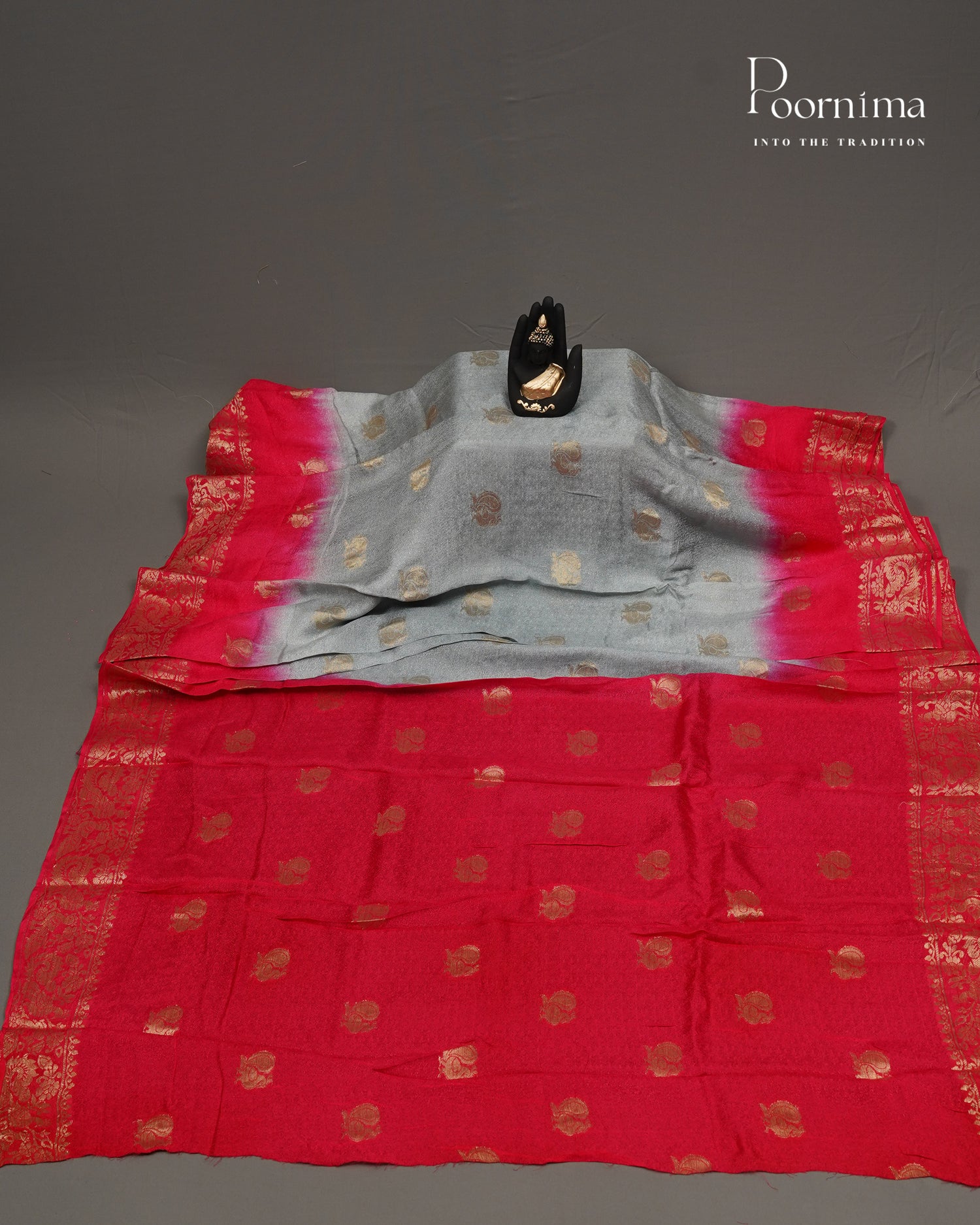 VISCOSE GEORGETTE SAREE INGREY &amp; RED WITH ALLOVER  GOLD ZARI BUTTI AND ZARI BODER