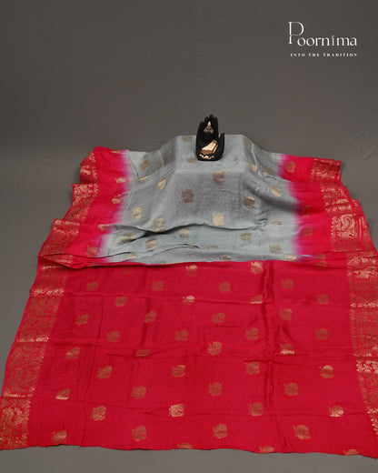 VISCOSE GEORGETTE SAREE INGREY &amp; RED WITH ALLOVER  GOLD ZARI BUTTI AND ZARI BODER