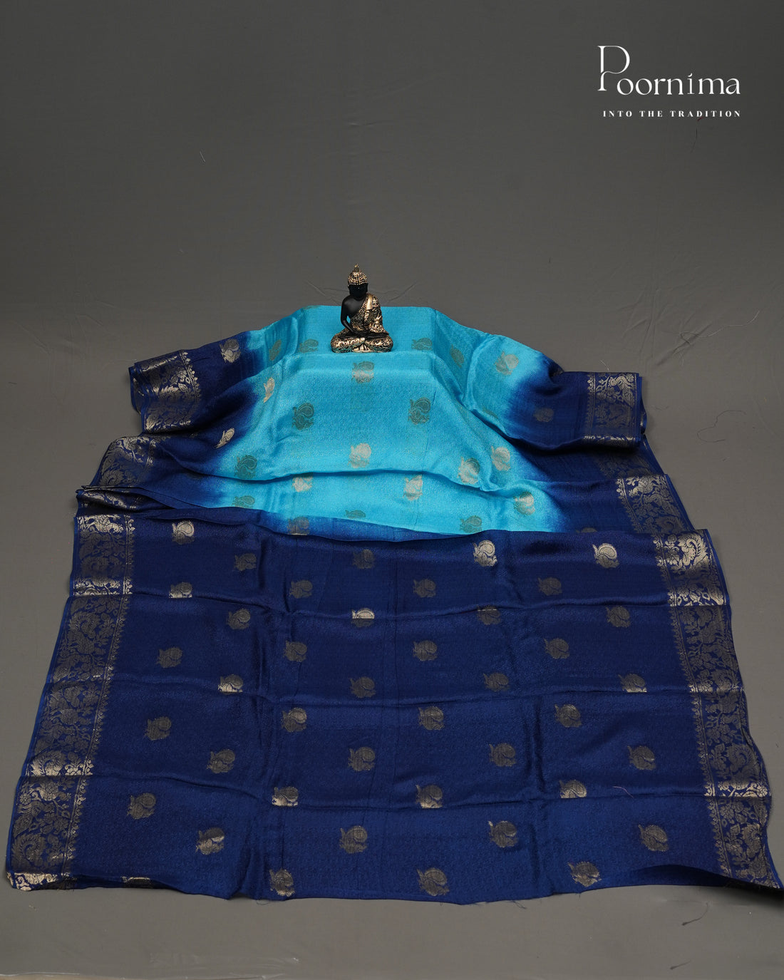 VISCOSE GEORGETTE SAREE IN SKY BLUE & NAVY BLUE WITH ALLOVER GOLD ZARI BUTTI AND ZARI BODER
