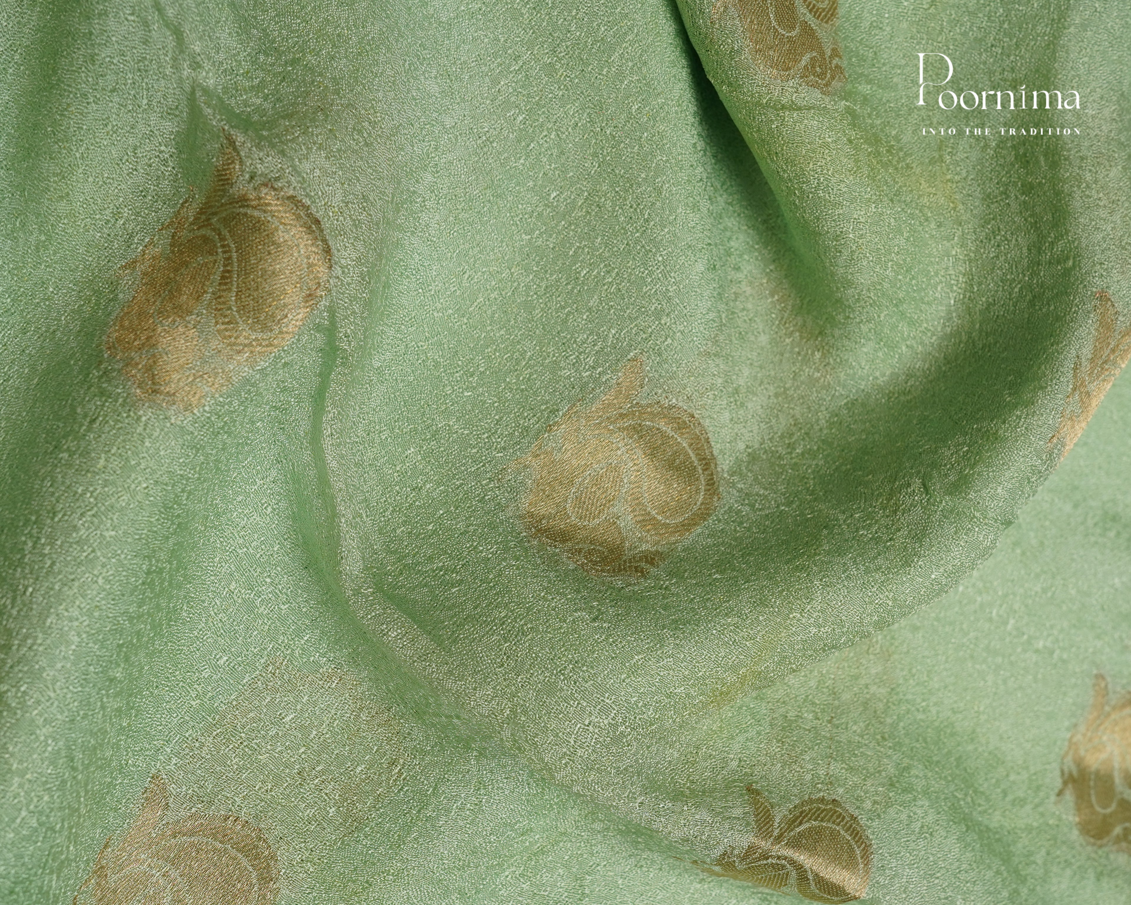 VISCOSE GEORGETTE SAREE IN PISTA GREEN &amp; DARK GREEN WITH ALLOVER GOLD ZARI BUTTI AND ZARI BODER