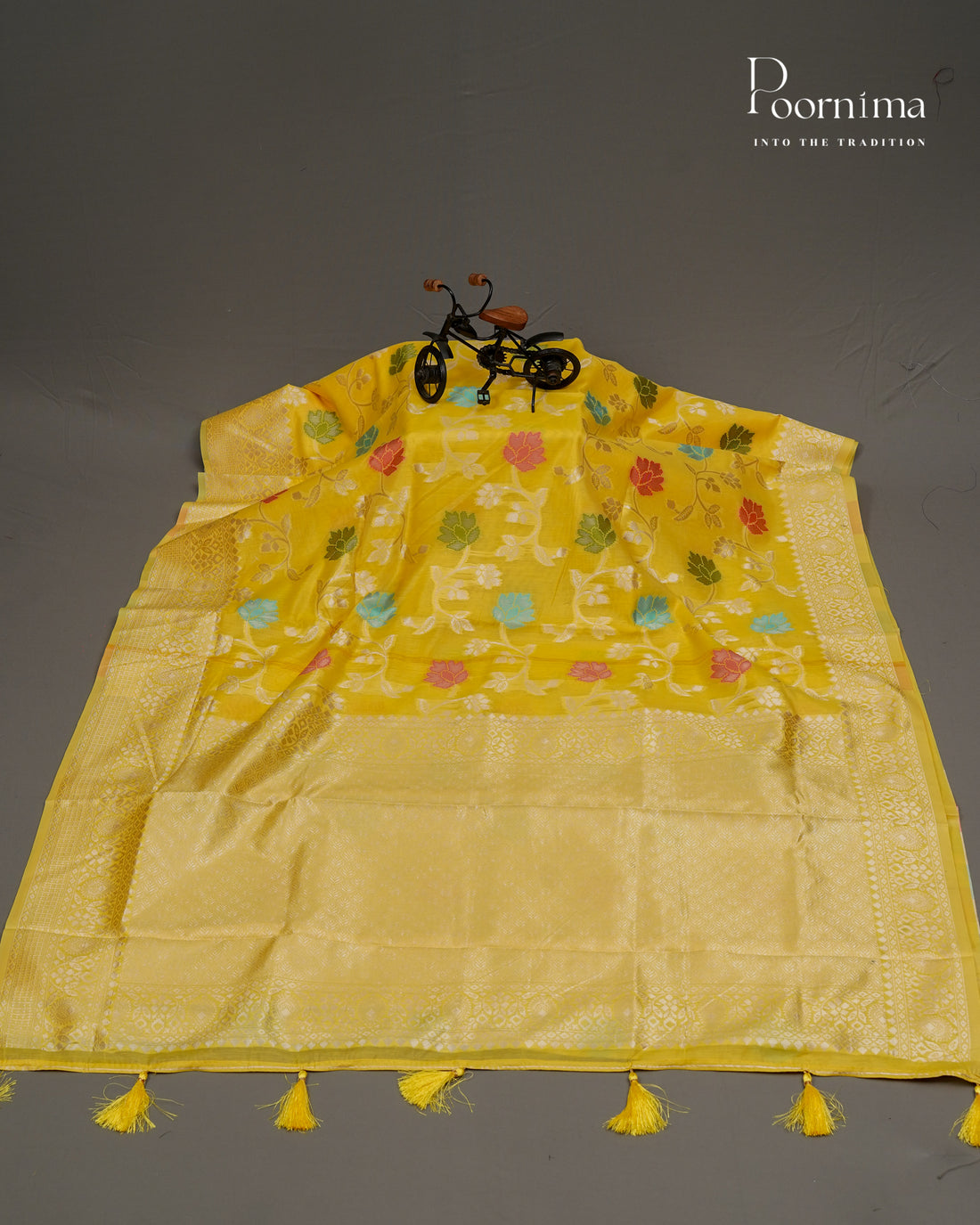 YELLOW - BANARASI CHANDERI SAREE WITH ALLOVER FLORAL ZARI AND MEENAKARI WORK