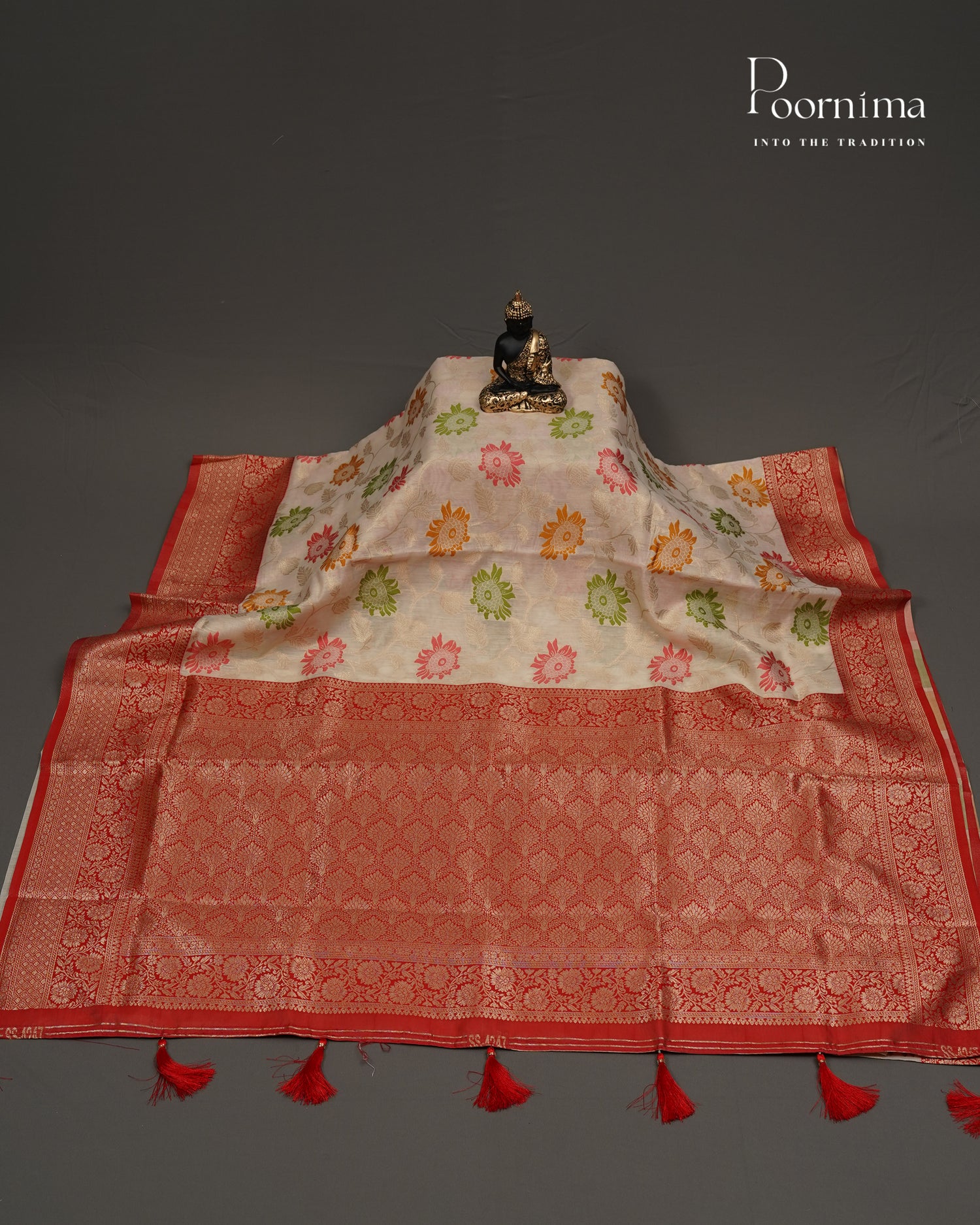 CREAM &amp; RED - BANARASI CHANDERI SAREE WITH ALLOVER FLORAL ZARI AND MEENAKARI WORK