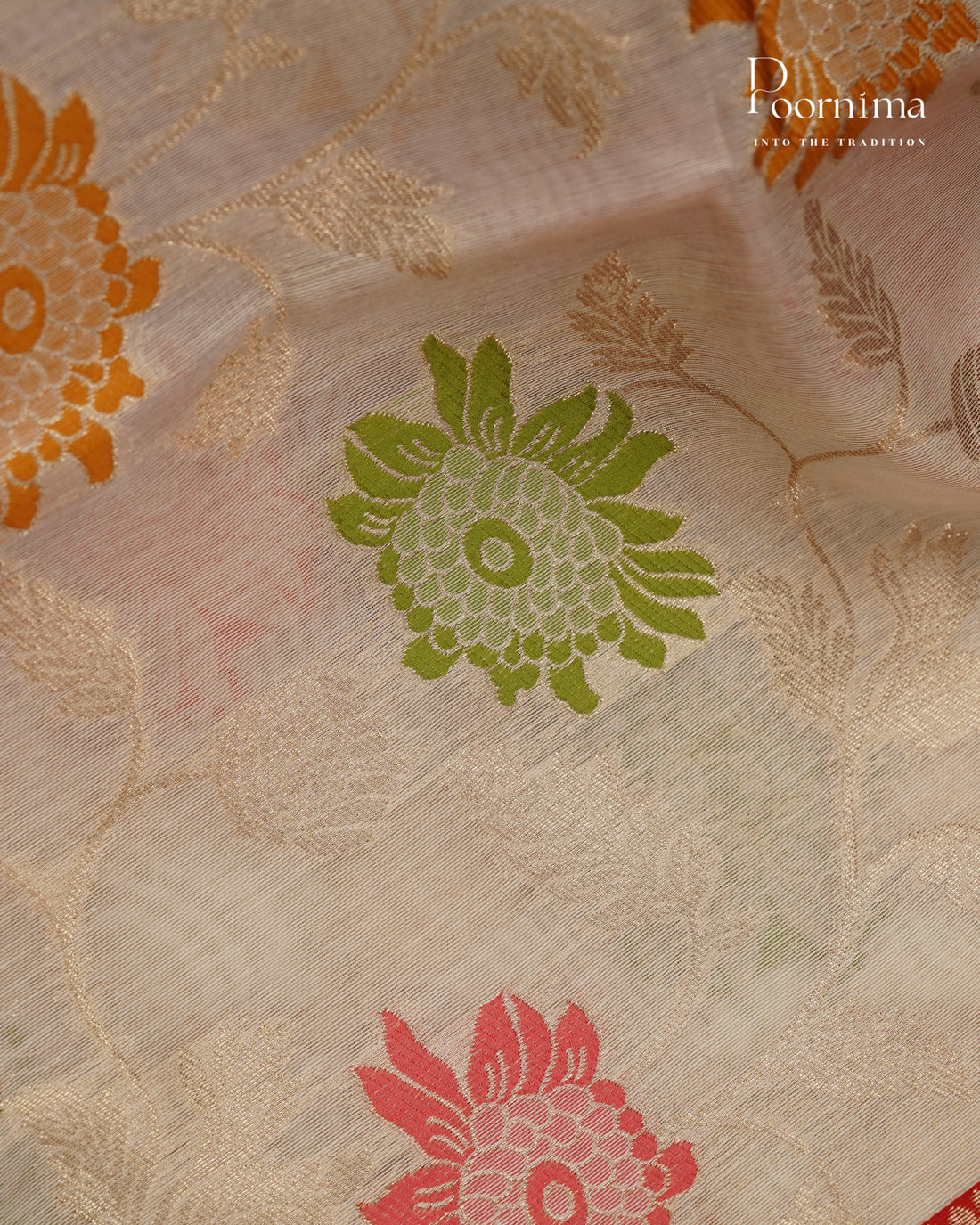 CREAM &amp; RED - BANARASI CHANDERI SAREE WITH ALLOVER FLORAL ZARI AND MEENAKARI WORK