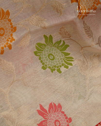 CREAM &amp; RED - BANARASI CHANDERI SAREE WITH ALLOVER FLORAL ZARI AND MEENAKARI WORK