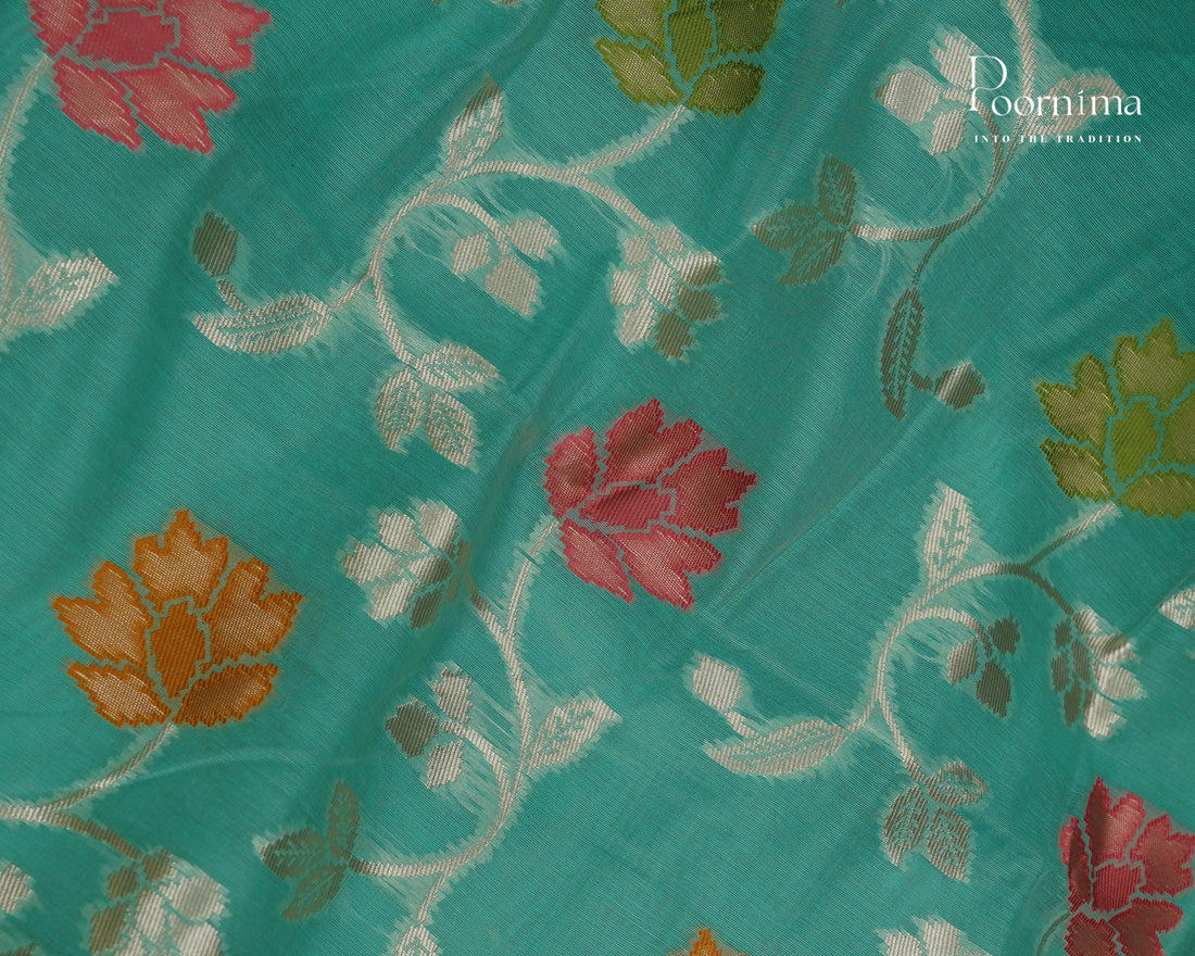 SEA GREEN - BANARASI CHANDERI SAREE WITH ALLOVER FLORAL ZARI AND MEENAKARI WORK