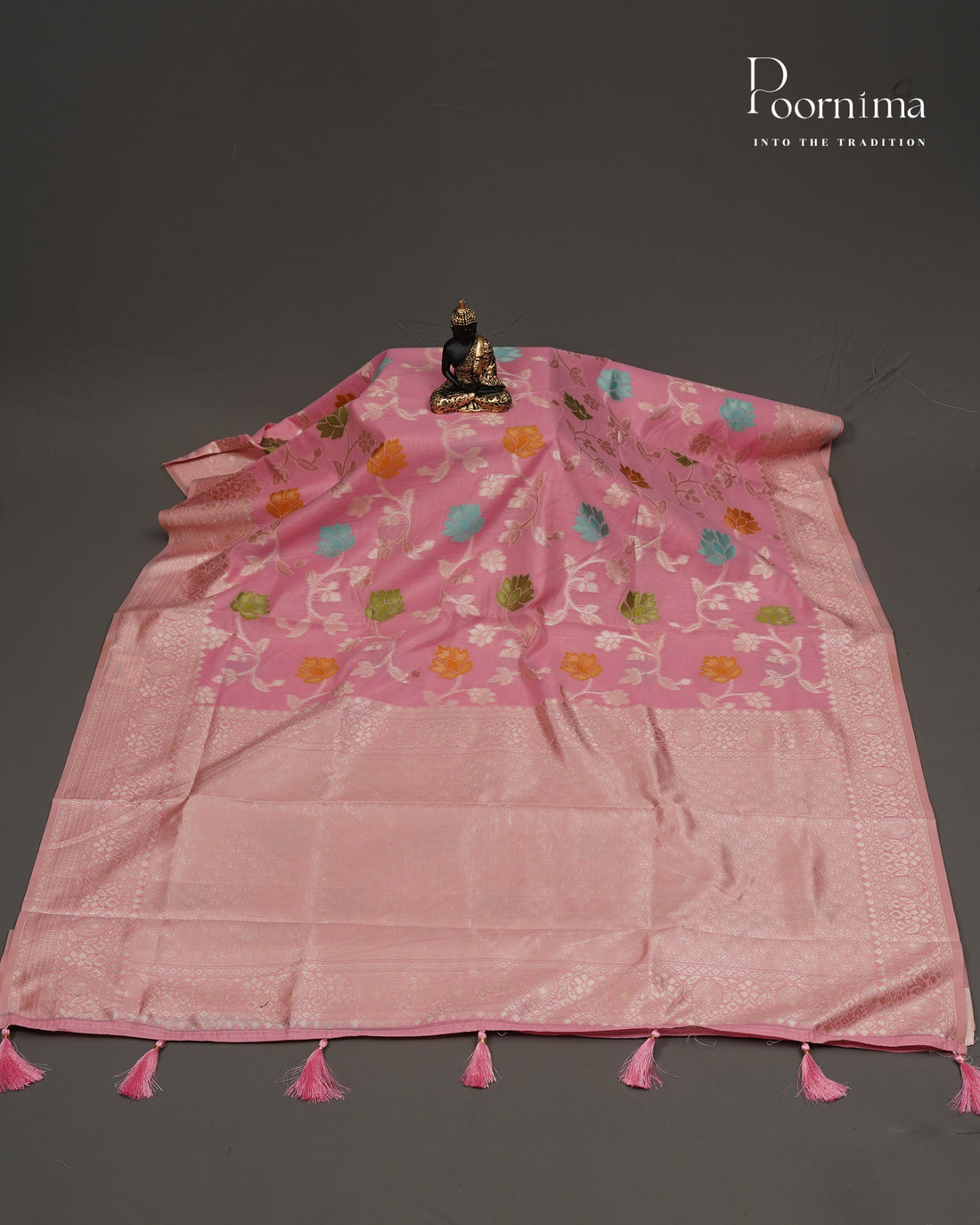 PEACH - BANARASI CHANDERI SAREE WITH ALLOVER FLORAL ZARI AND MEENAKARI WORK