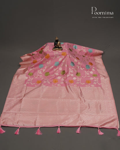 PEACH - BANARASI CHANDERI SAREE WITH ALLOVER FLORAL ZARI AND MEENAKARI WORK