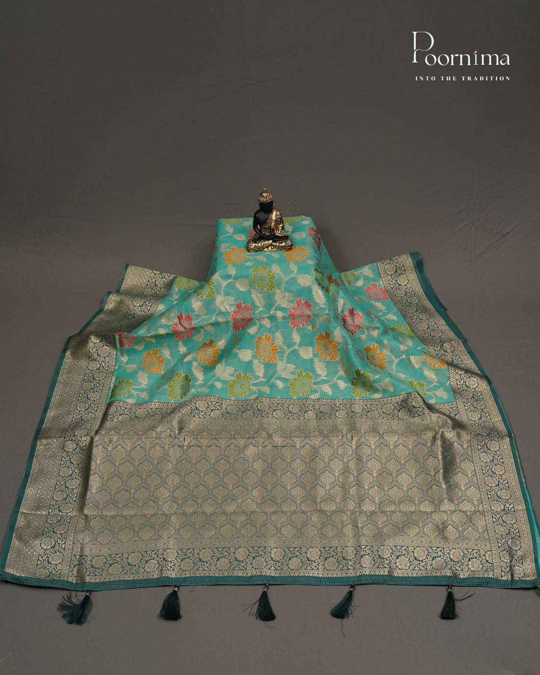 SEA GREEN &amp; DARK GREEN - BANARASI CHANDERI SAREE WITH ALLOVER FLORAL ZARI AND MEENAKARI WORK