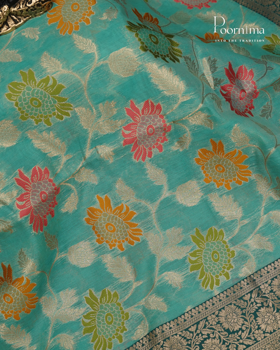 SEA GREEN &amp; DARK GREEN - BANARASI CHANDERI SAREE WITH ALLOVER FLORAL ZARI AND MEENAKARI WORK