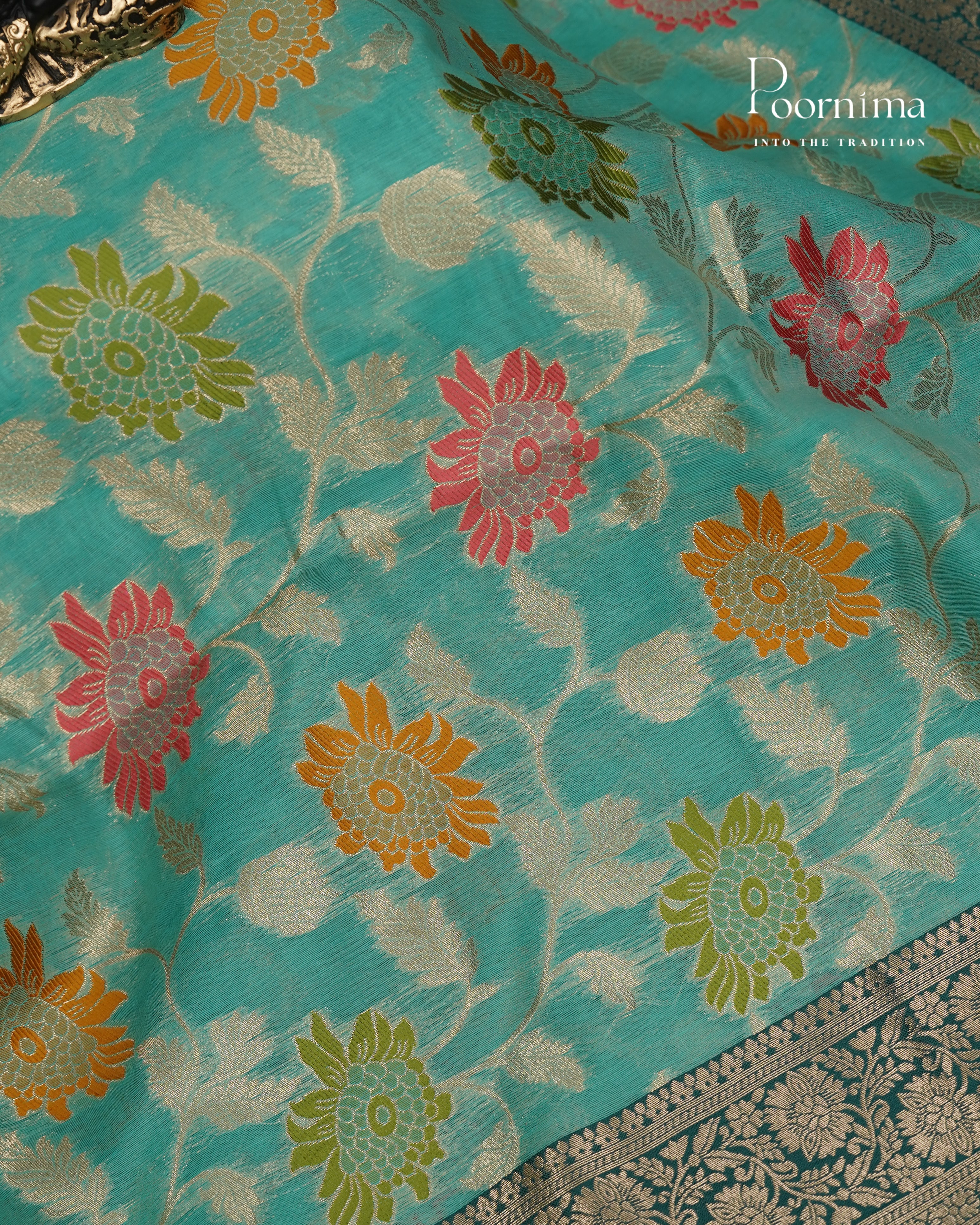 SEA GREEN &amp; DARK GREEN - BANARASI CHANDERI SAREE WITH ALLOVER FLORAL ZARI AND MEENAKARI WORK