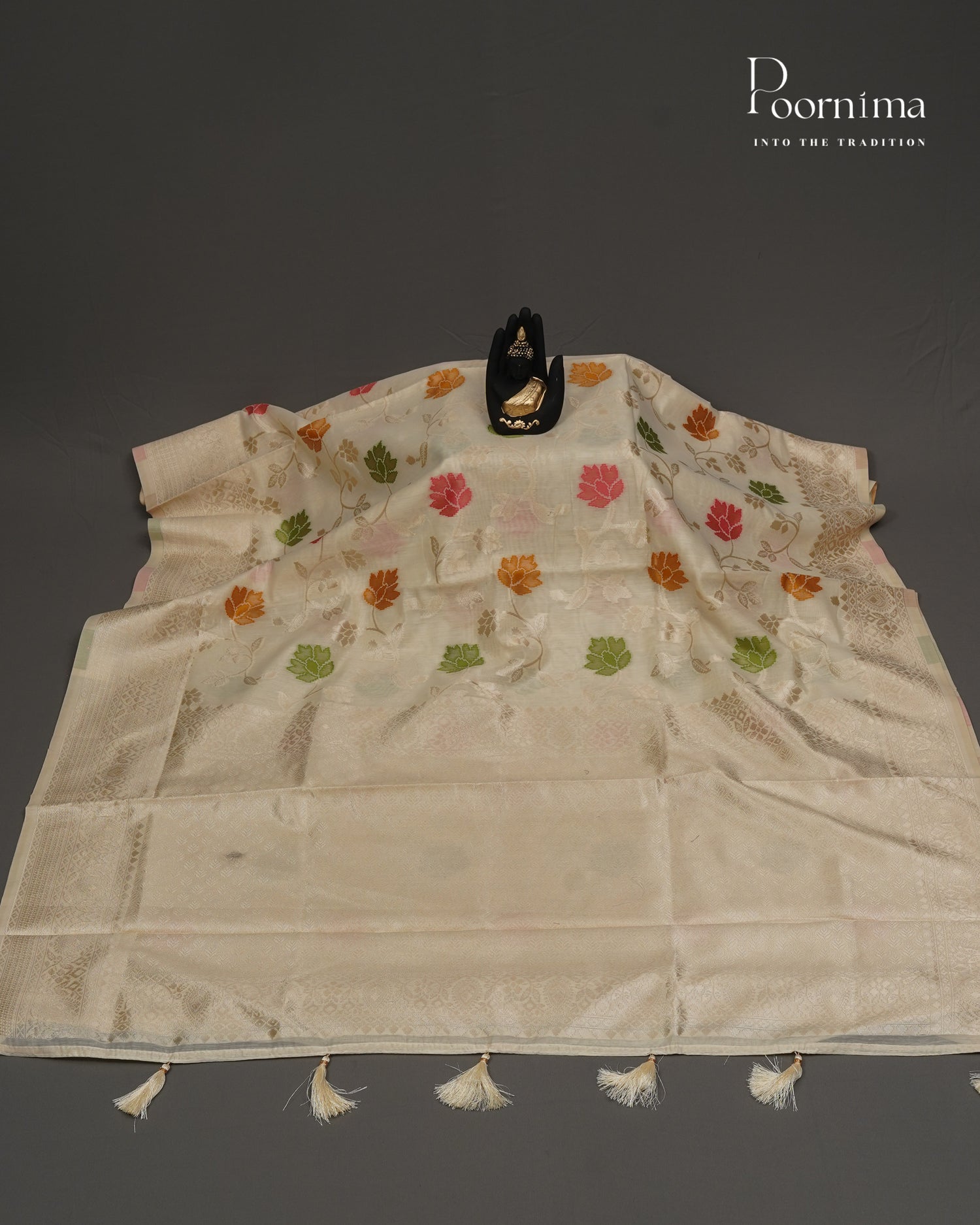 BEIGE - BANARASI CHANDERI SAREE WITH ALLOVER FLORAL ZARI AND MEENAKARI WORK