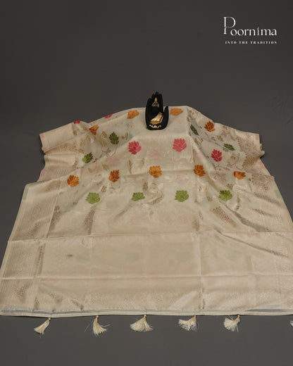 BEIGE - BANARASI CHANDERI SAREE WITH ALLOVER FLORAL ZARI AND MEENAKARI WORK
