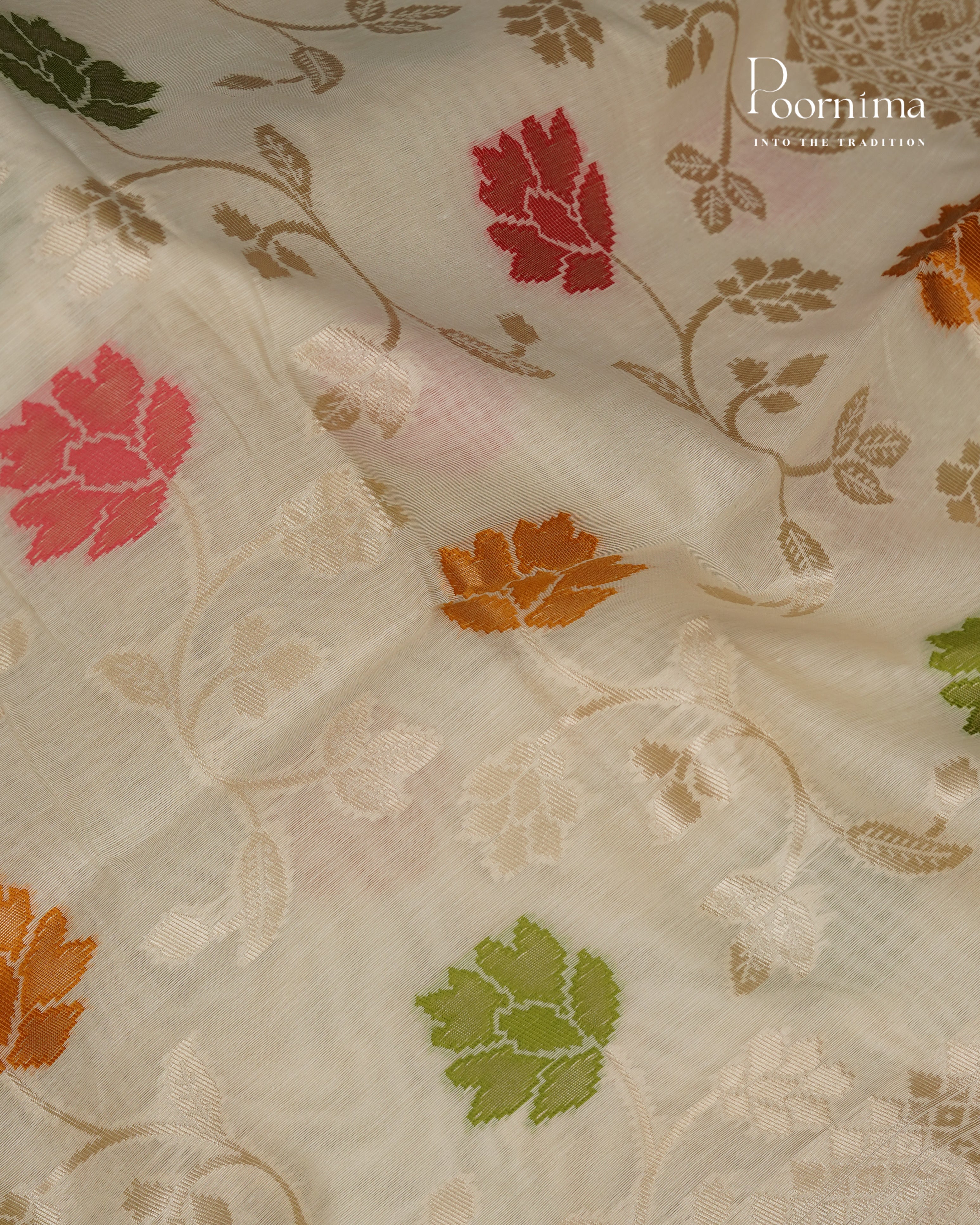 BEIGE - BANARASI CHANDERI SAREE WITH ALLOVER FLORAL ZARI AND MEENAKARI WORK