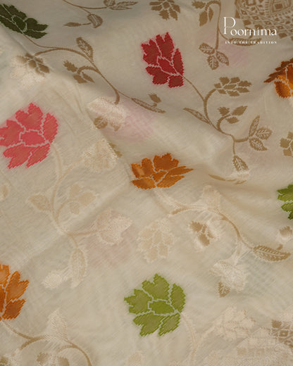 BEIGE - BANARASI CHANDERI SAREE WITH ALLOVER FLORAL ZARI AND MEENAKARI WORK