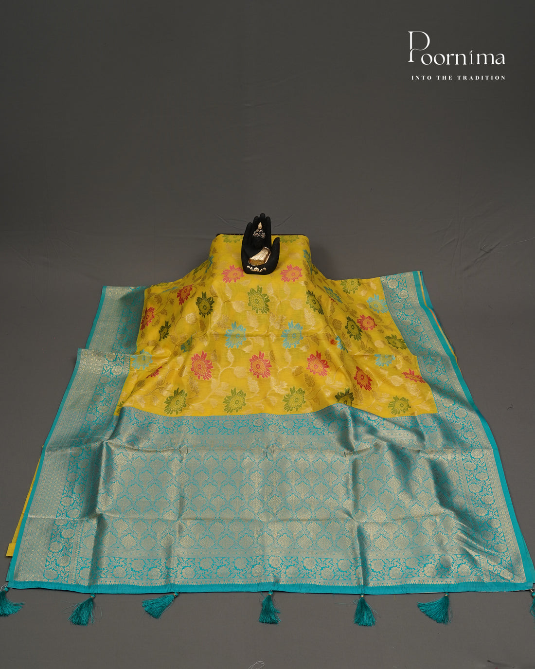 YELLOW &amp; BLUE - BANARASI CHANDERI SAREE WITH ALLOVER FLORAL ZARI AND MEENAKARI WORK