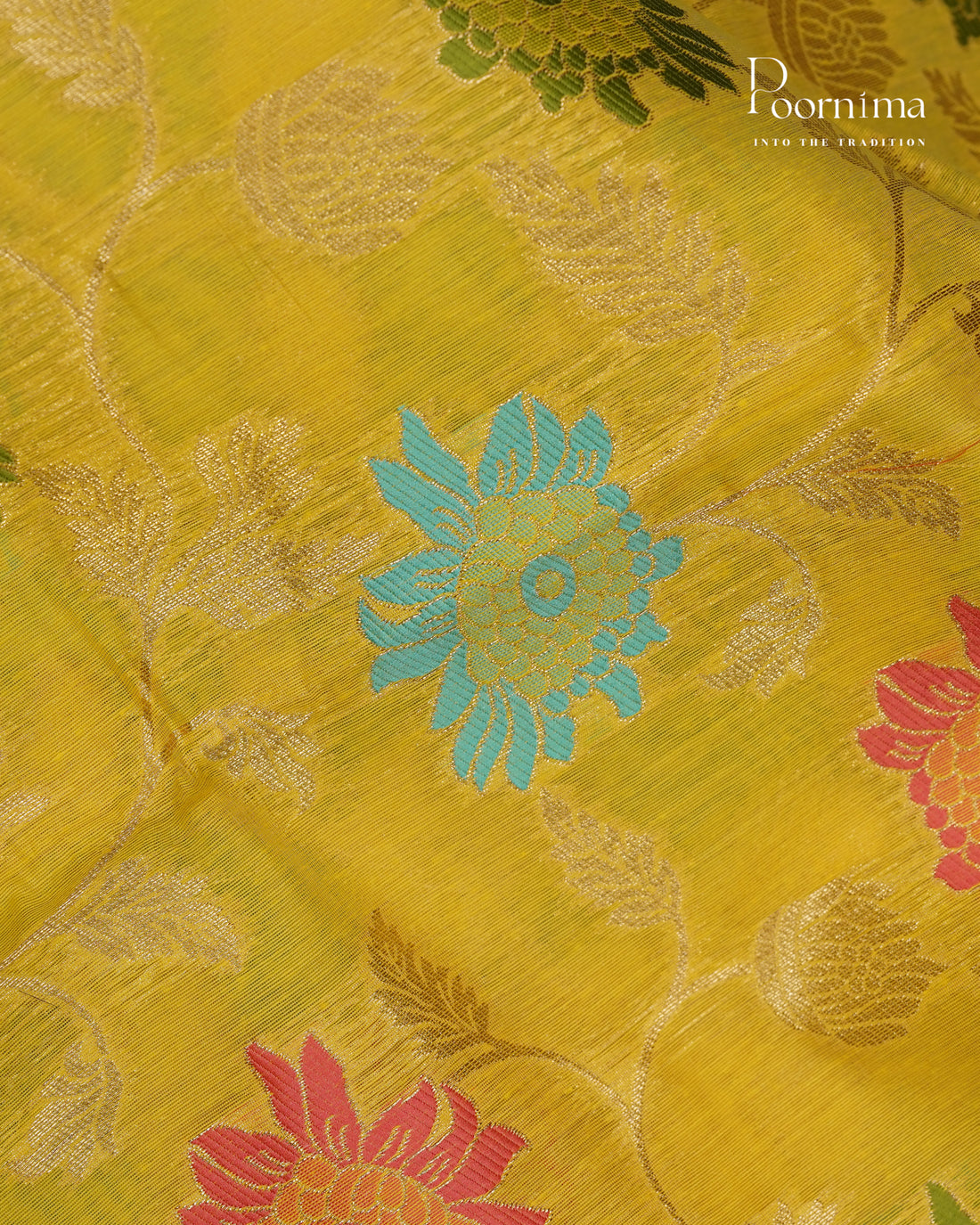 YELLOW &amp; BLUE - BANARASI CHANDERI SAREE WITH ALLOVER FLORAL ZARI AND MEENAKARI WORK