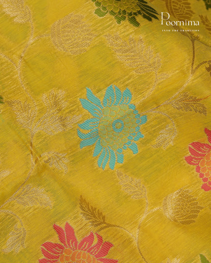 YELLOW &amp; BLUE - BANARASI CHANDERI SAREE WITH ALLOVER FLORAL ZARI AND MEENAKARI WORK