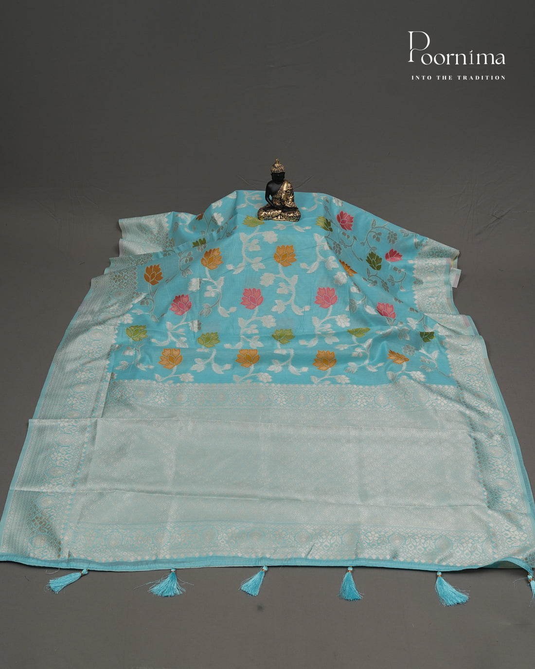 SKY BLUE - BANARASI CHANDERI SAREE WITH ALLOVER FLORAL ZARI AND MEENAKARI WORK