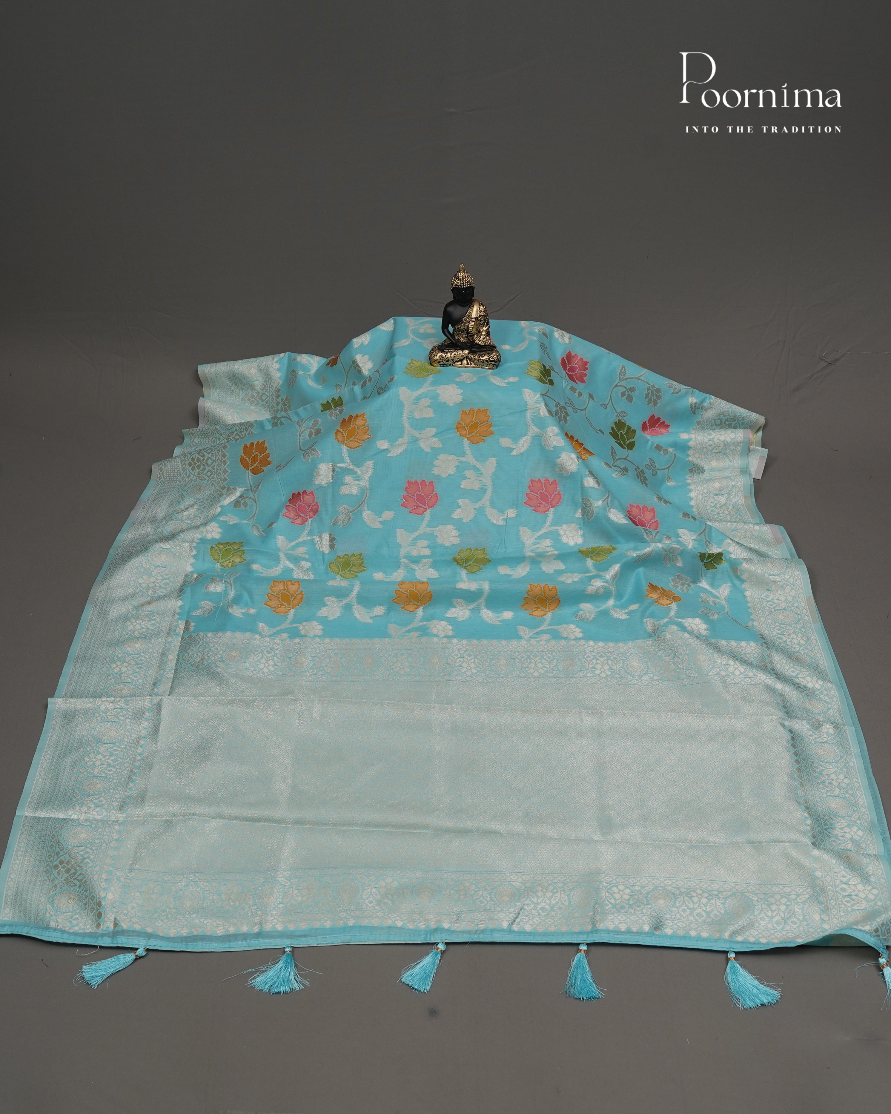 SKY BLUE - BANARASI CHANDERI SAREE WITH ALLOVER FLORAL ZARI AND MEENAKARI WORK
