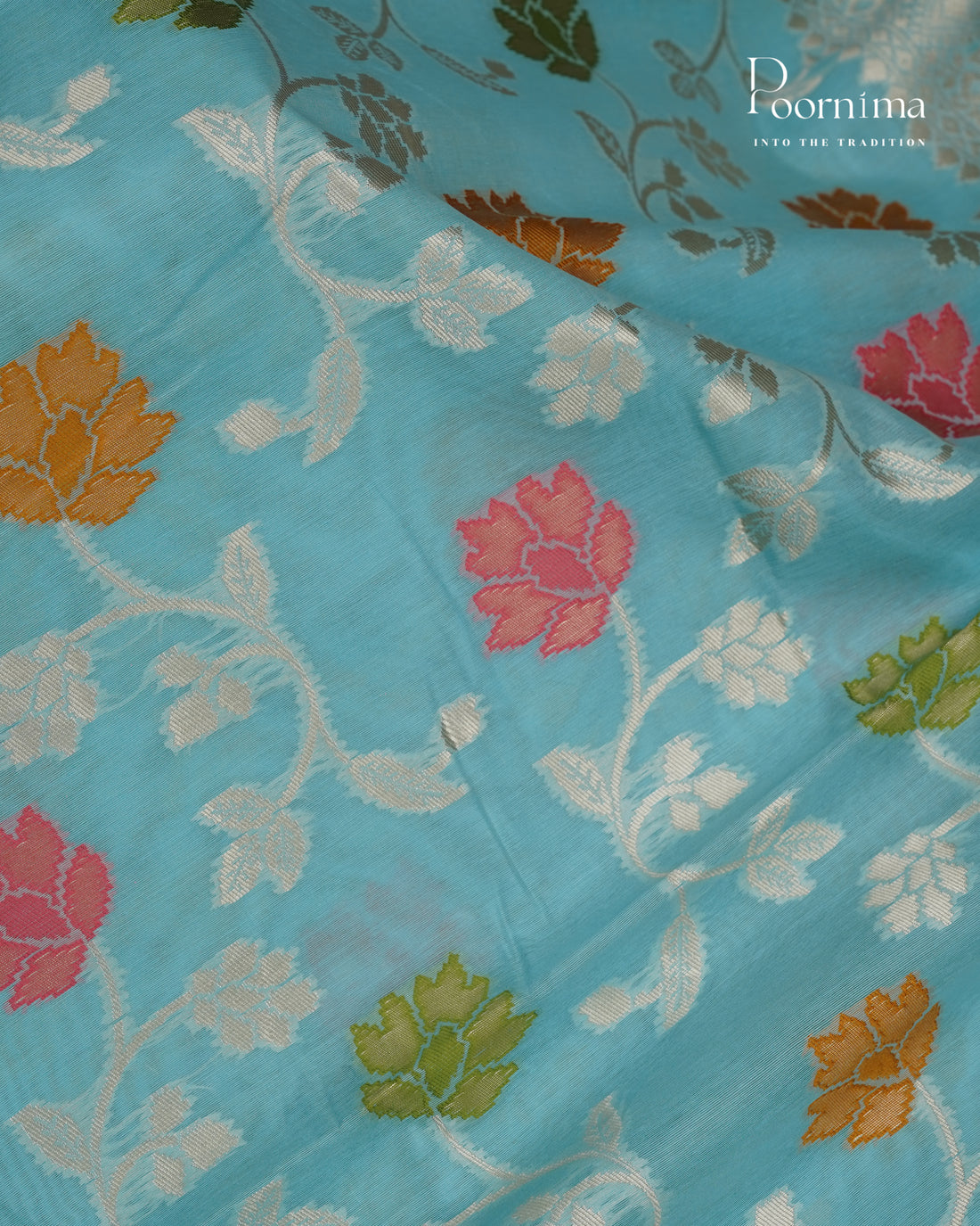 SKY BLUE - BANARASI CHANDERI SAREE WITH ALLOVER FLORAL ZARI AND MEENAKARI WORK