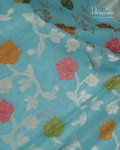 SKY BLUE - BANARASI CHANDERI SAREE WITH ALLOVER FLORAL ZARI AND MEENAKARI WORK