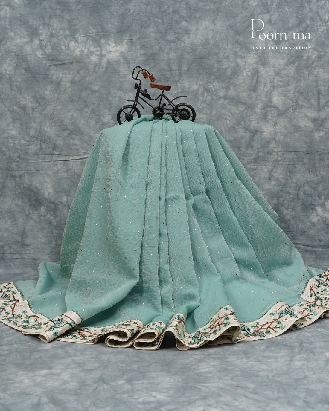 PISTA GREEN - CRUSHED ORGANZA SAREE WITH TUSSAR EMBRIODARY BORDER