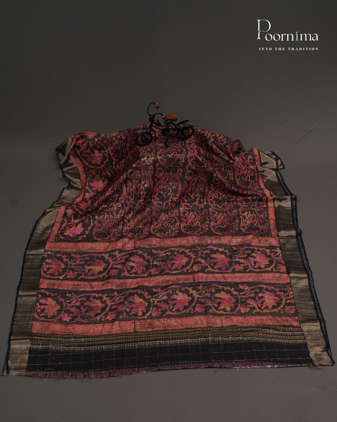 PEACH & BLACK - SEMI TUSSAR SAREE WITH ALLOVER  PRINT, ZARI CHECKS AND  ZARI BORDER