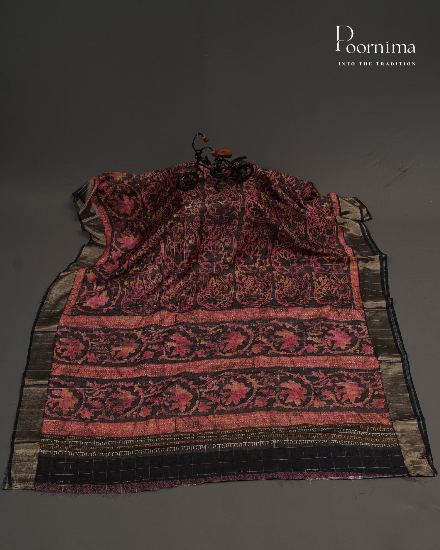 PEACH &amp; BLACK - SEMI TUSSAR SAREE WITH ALLOVER  PRINT, ZARI CHECKS AND  ZARI BORDER