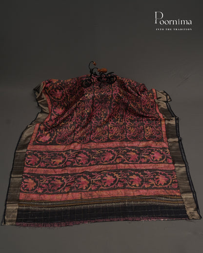 PEACH &amp; BLACK - SEMI TUSSAR SAREE WITH ALLOVER  PRINT, ZARI CHECKS AND  ZARI BORDER