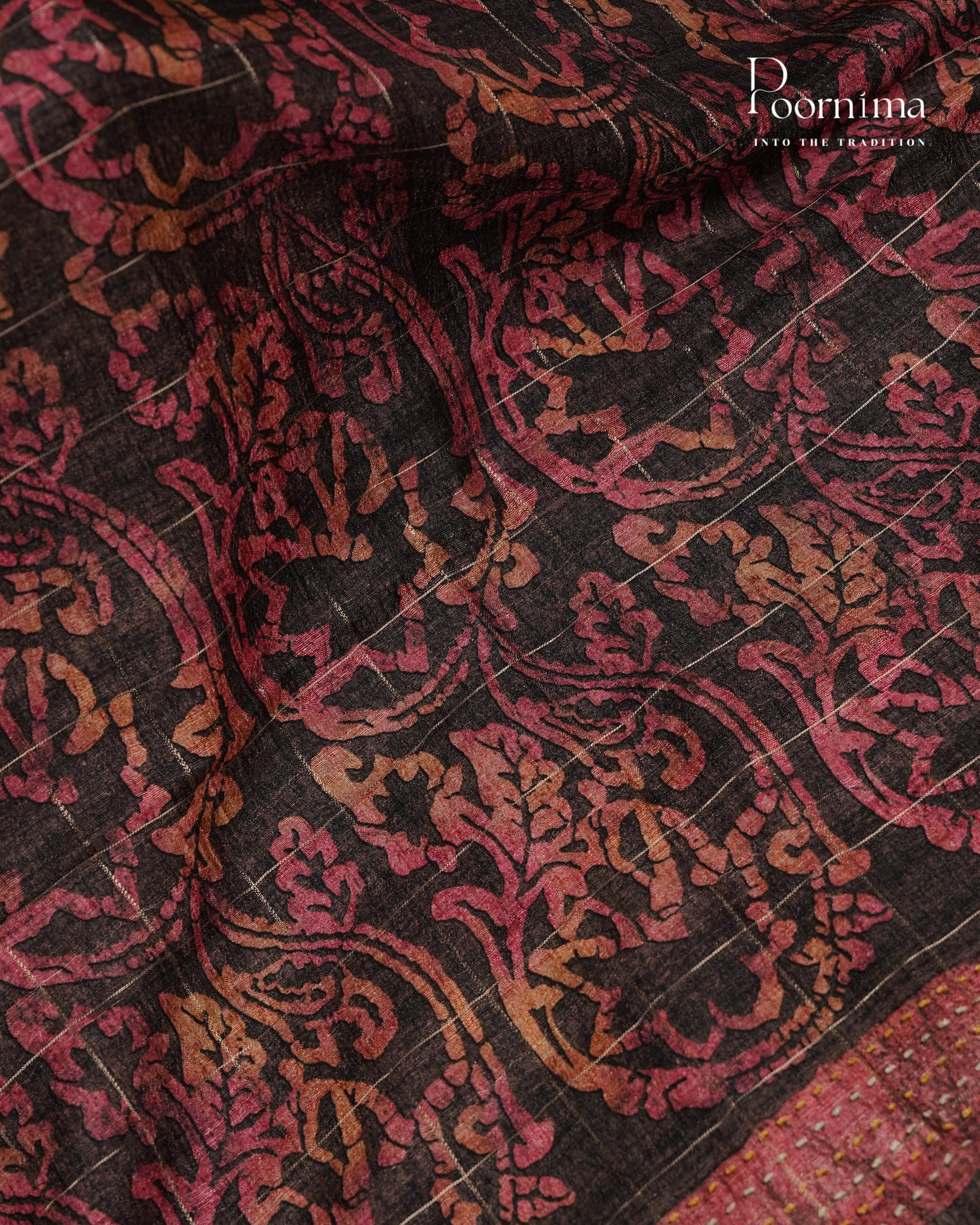 PEACH &amp; BLACK - SEMI TUSSAR SAREE WITH ALLOVER  PRINT, ZARI CHECKS AND  ZARI BORDER