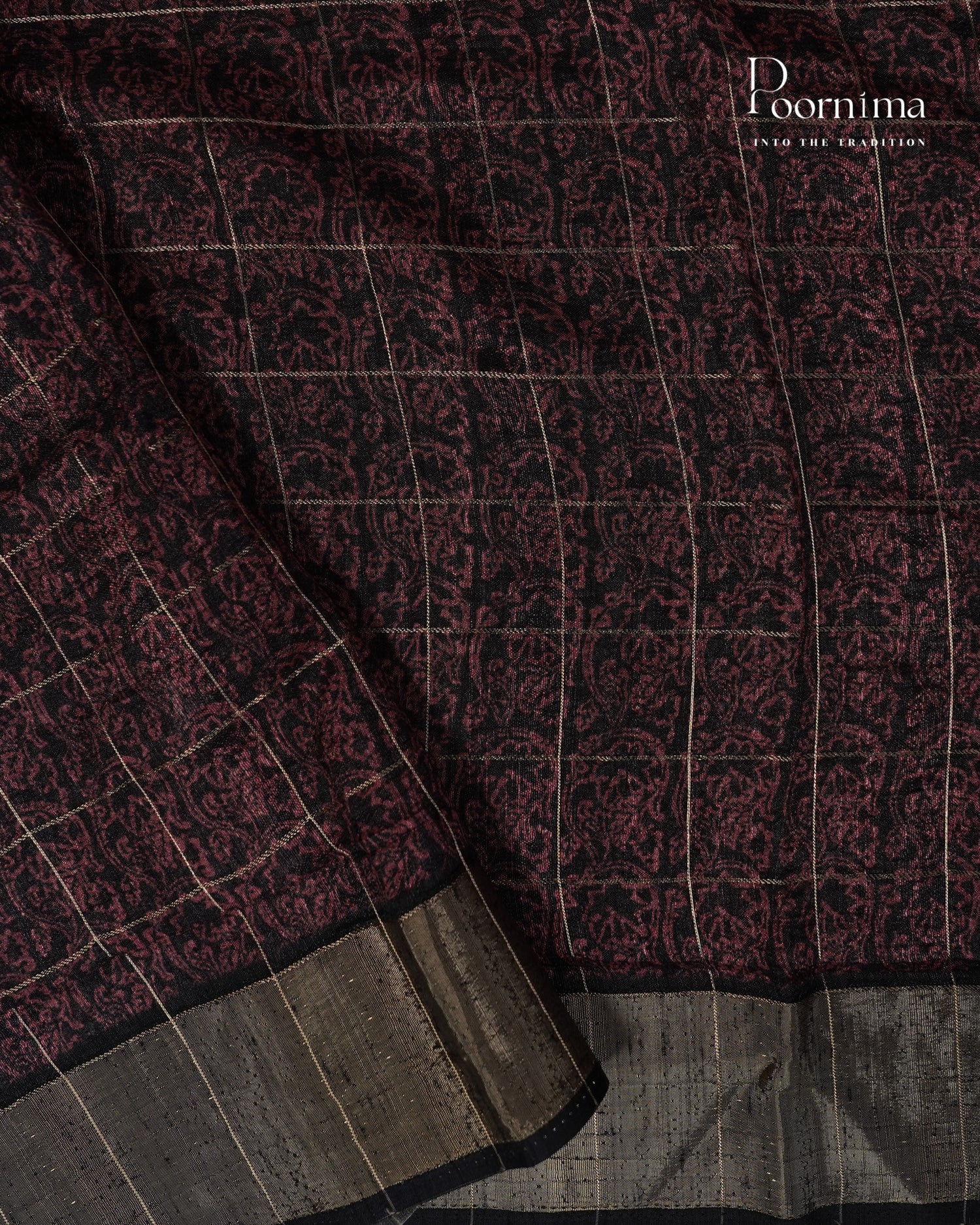 PEACH &amp; BLACK - SEMI TUSSAR SAREE WITH ALLOVER  PRINT, ZARI CHECKS AND  ZARI BORDER