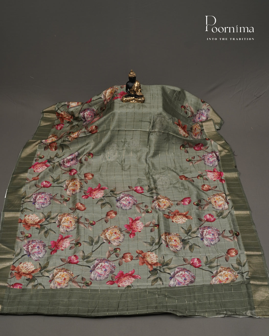 MEHANDHI GREEN -  SEMI TUSSAR SAREE WITH ALLOVER  PRINT, ZARI CHECKS AND ZARI BORDER