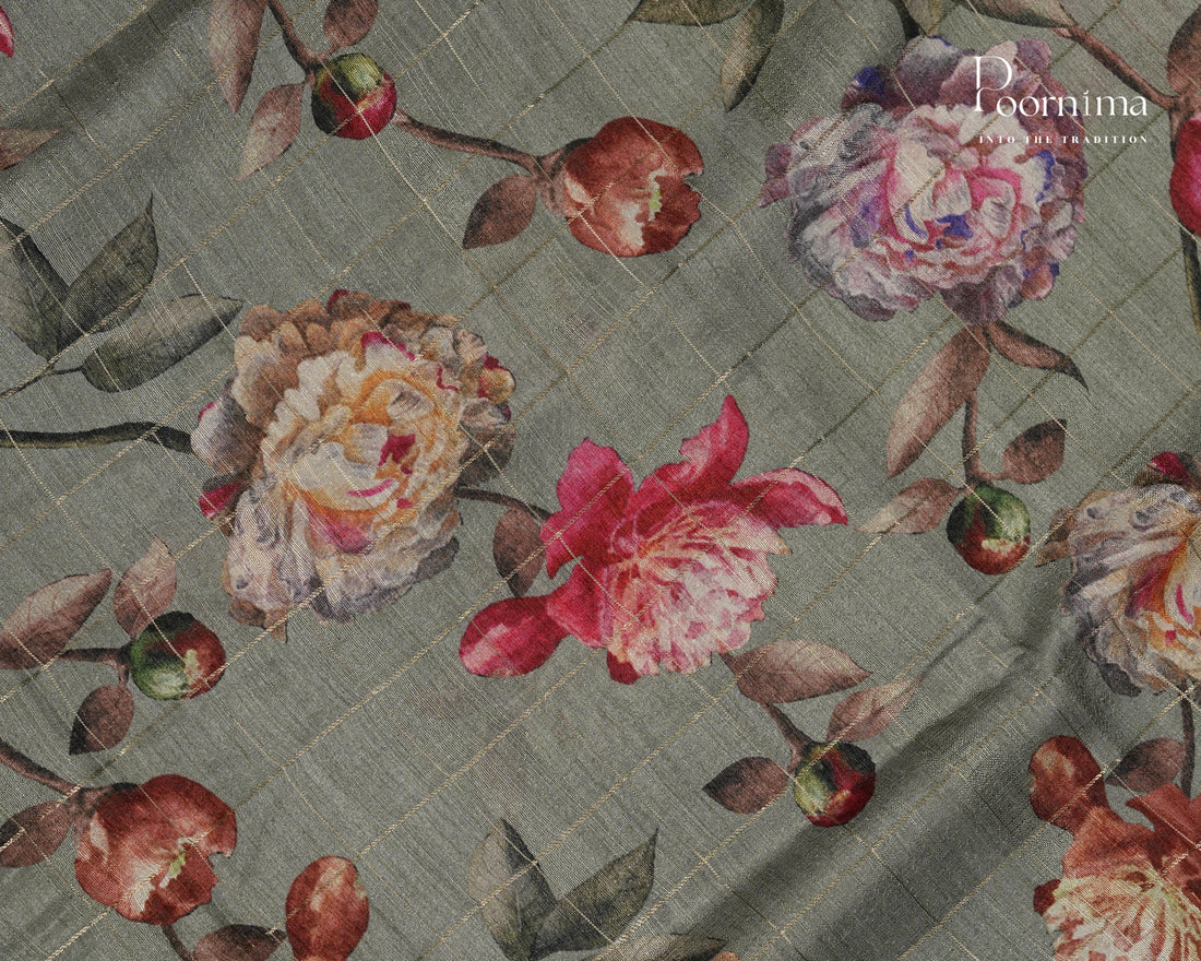 MEHANDHI GREEN -  SEMI TUSSAR SAREE WITH ALLOVER  PRINT, ZARI CHECKS AND ZARI BORDER