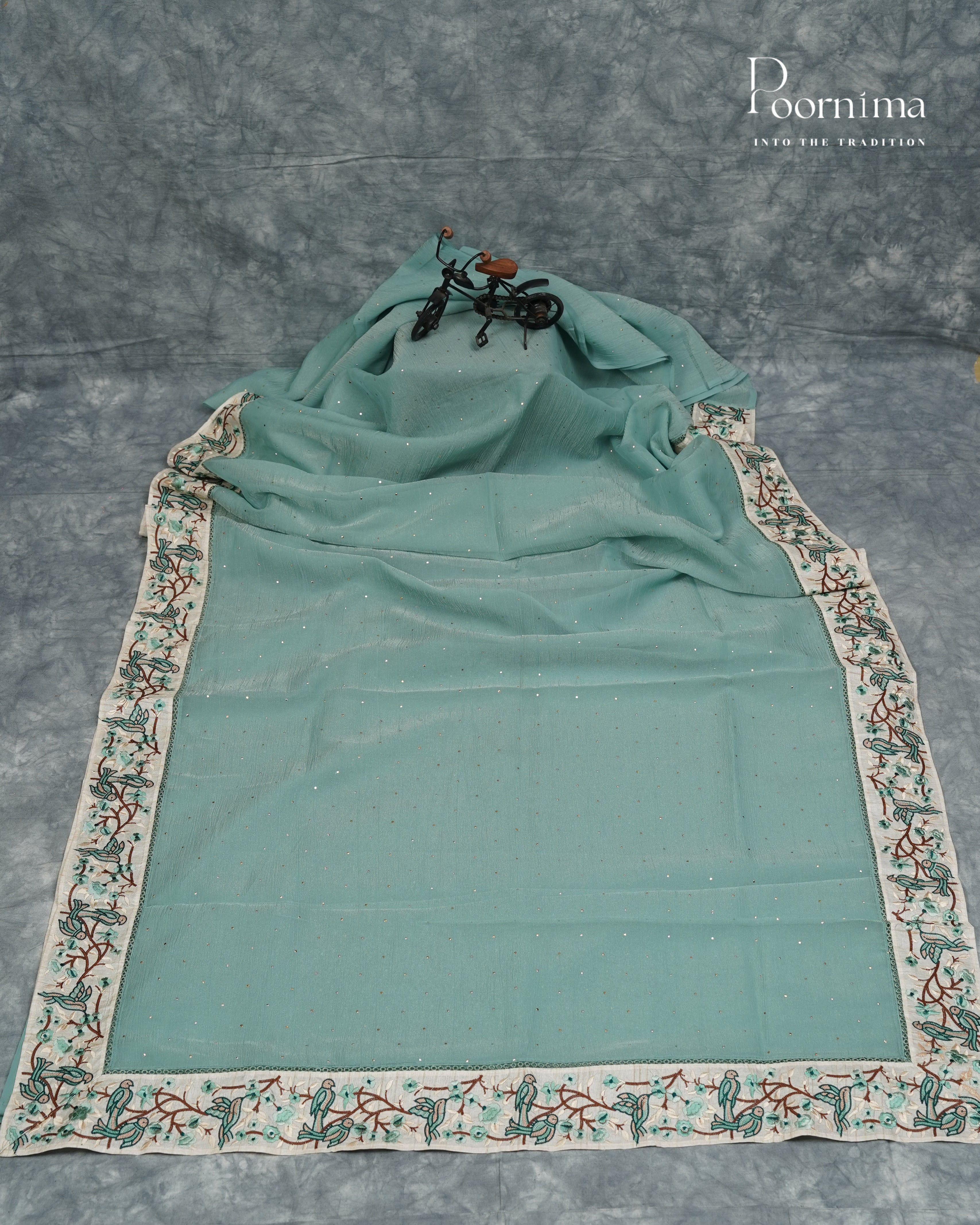 PISTA GREEN - CRUSHED ORGANZA SAREE WITH TUSSAR EMBRIODARY BORDER