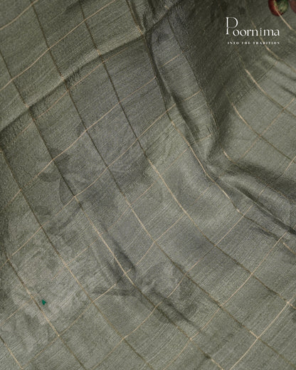 MEHANDHI GREEN -  SEMI TUSSAR SAREE WITH ALLOVER  PRINT, ZARI CHECKS AND ZARI BORDER