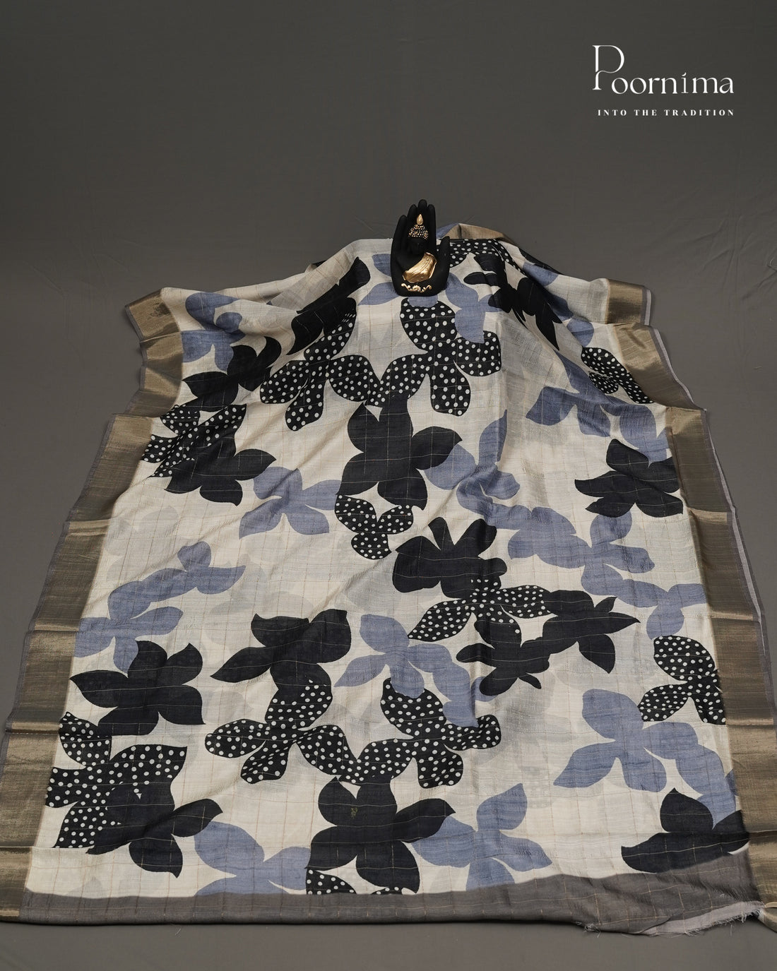 WHITE AND GREY - SEMI TUSSAR SAREE WITH ALLOVER  PRINT, ZARI CHECKS AND ZARI BORDER