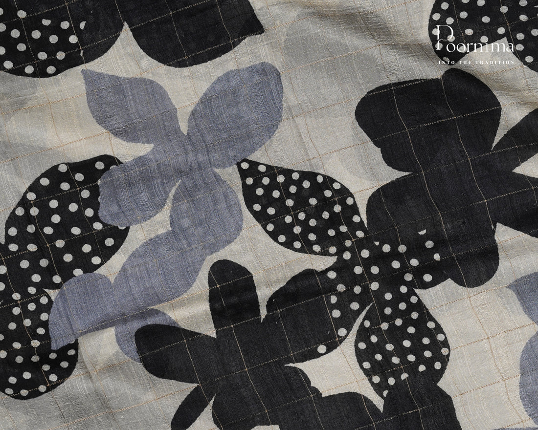 WHITE AND GREY - SEMI TUSSAR SAREE WITH ALLOVER  PRINT, ZARI CHECKS AND ZARI BORDER