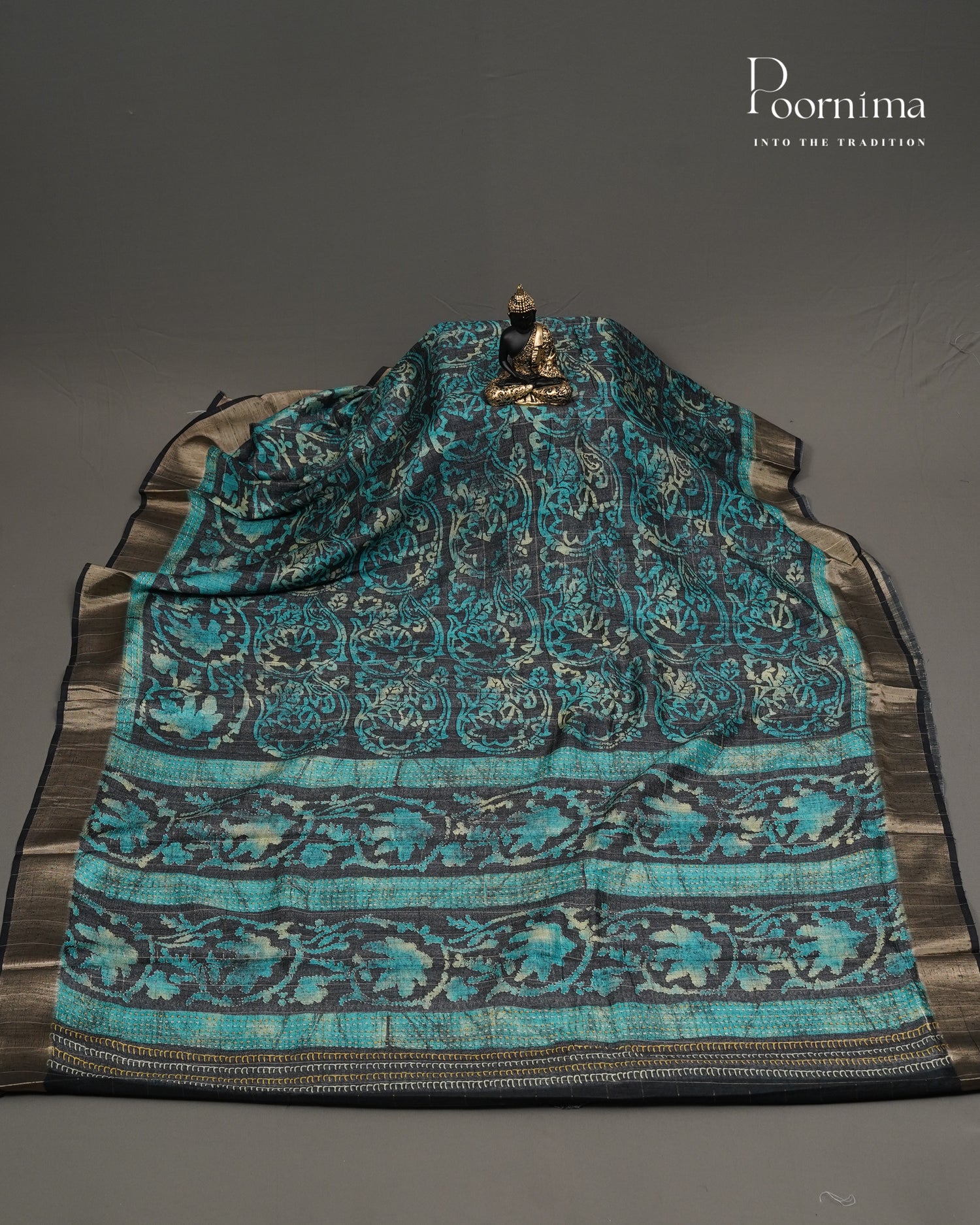 SEA BLUE &amp; BLACK - SEMI TUSSAR SAREE WITH ALLOVER  PRINT, ZARI CHECKS AND ZARI BORDER
