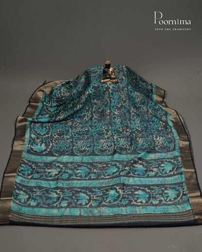 SEA BLUE &amp; BLACK - SEMI TUSSAR SAREE WITH ALLOVER  PRINT, ZARI CHECKS AND ZARI BORDER