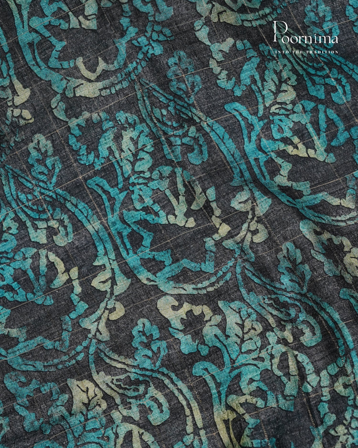 SEA BLUE &amp; BLACK - SEMI TUSSAR SAREE WITH ALLOVER  PRINT, ZARI CHECKS AND ZARI BORDER