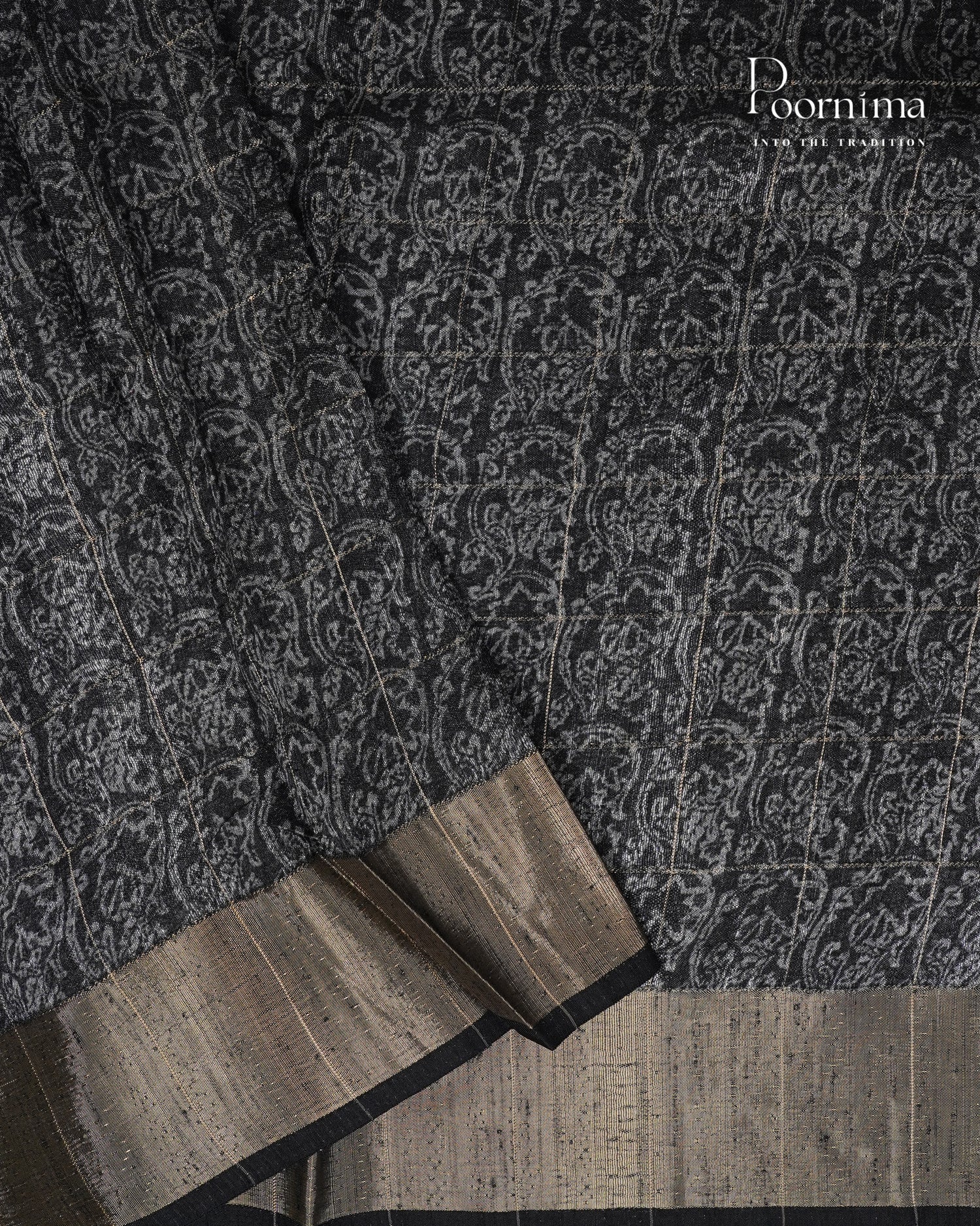 SEA BLUE &amp; BLACK - SEMI TUSSAR SAREE WITH ALLOVER  PRINT, ZARI CHECKS AND ZARI BORDER