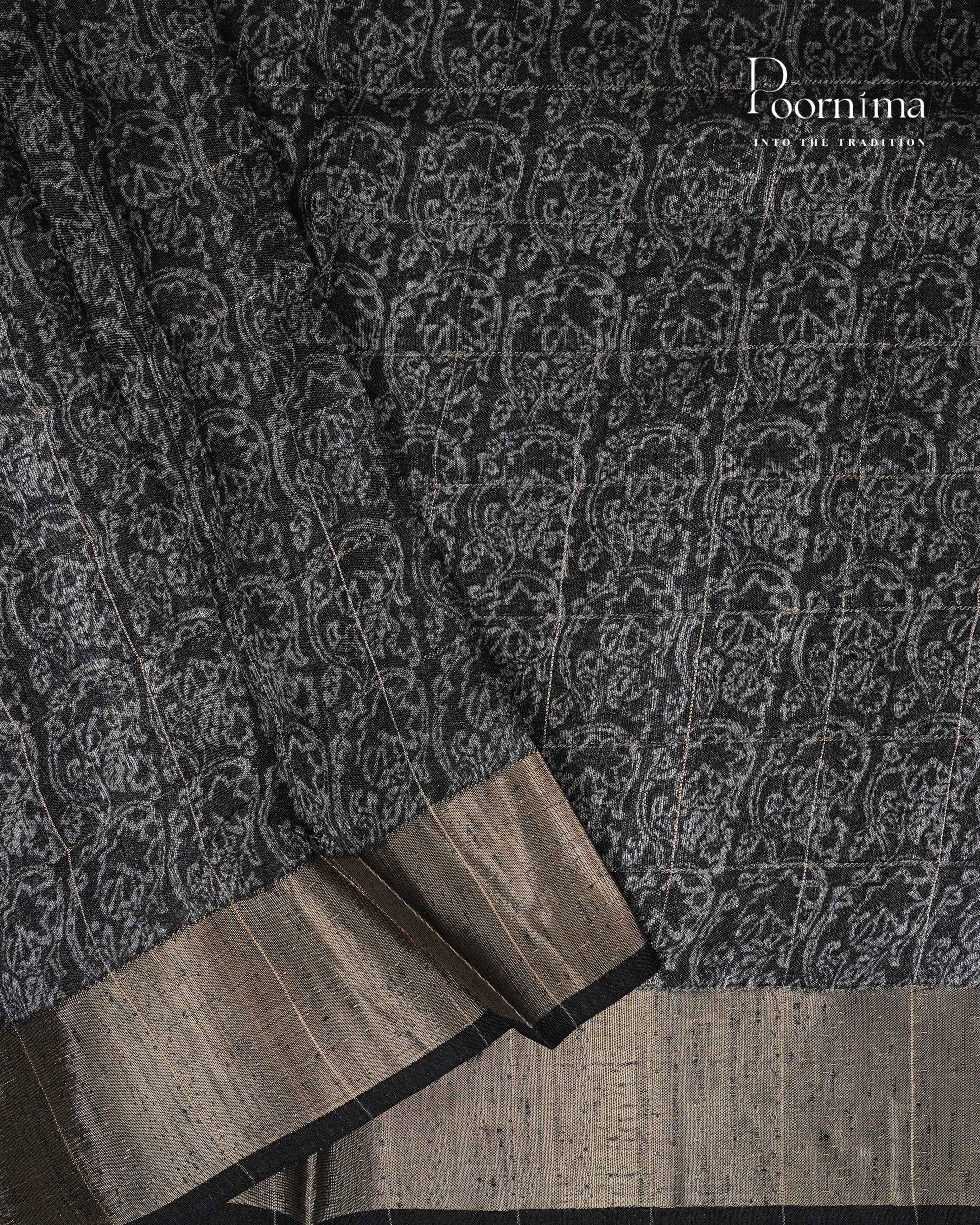 SEA BLUE &amp; BLACK - SEMI TUSSAR SAREE WITH ALLOVER  PRINT, ZARI CHECKS AND ZARI BORDER
