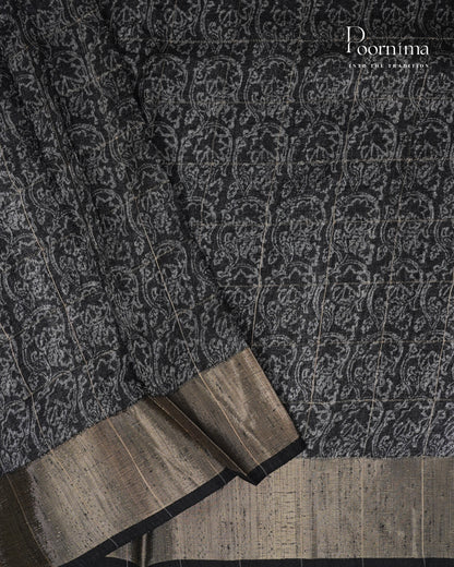 SEA BLUE &amp; BLACK - SEMI TUSSAR SAREE WITH ALLOVER  PRINT, ZARI CHECKS AND ZARI BORDER